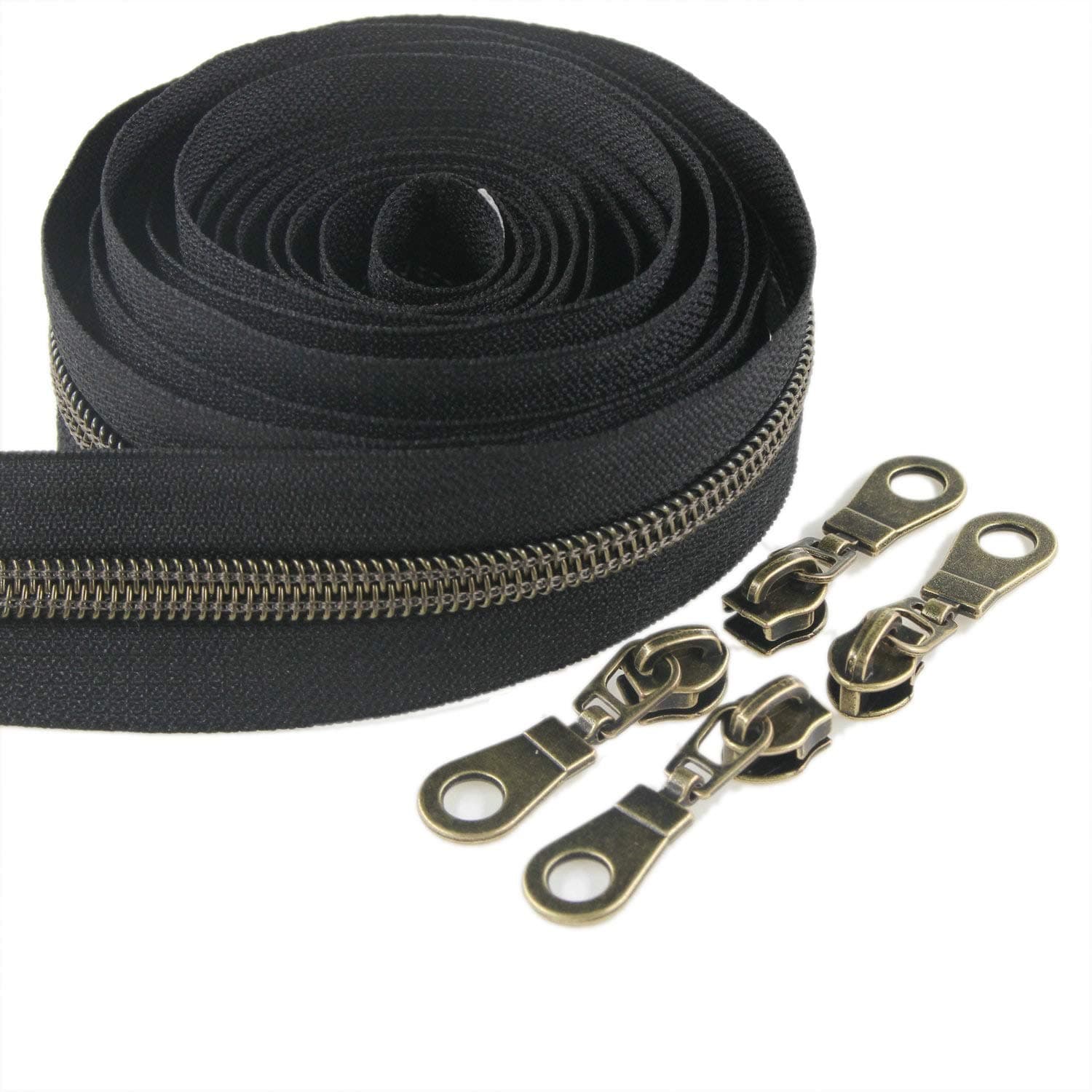 Leekayer #5 Antique Brass Metallic Nylon Coil Zippers by The Yard Bulk 10 Yards Black Zipper Tape with 25pcs Brass Sliders for DIY Sewing Tailor Craft Bag (Black)