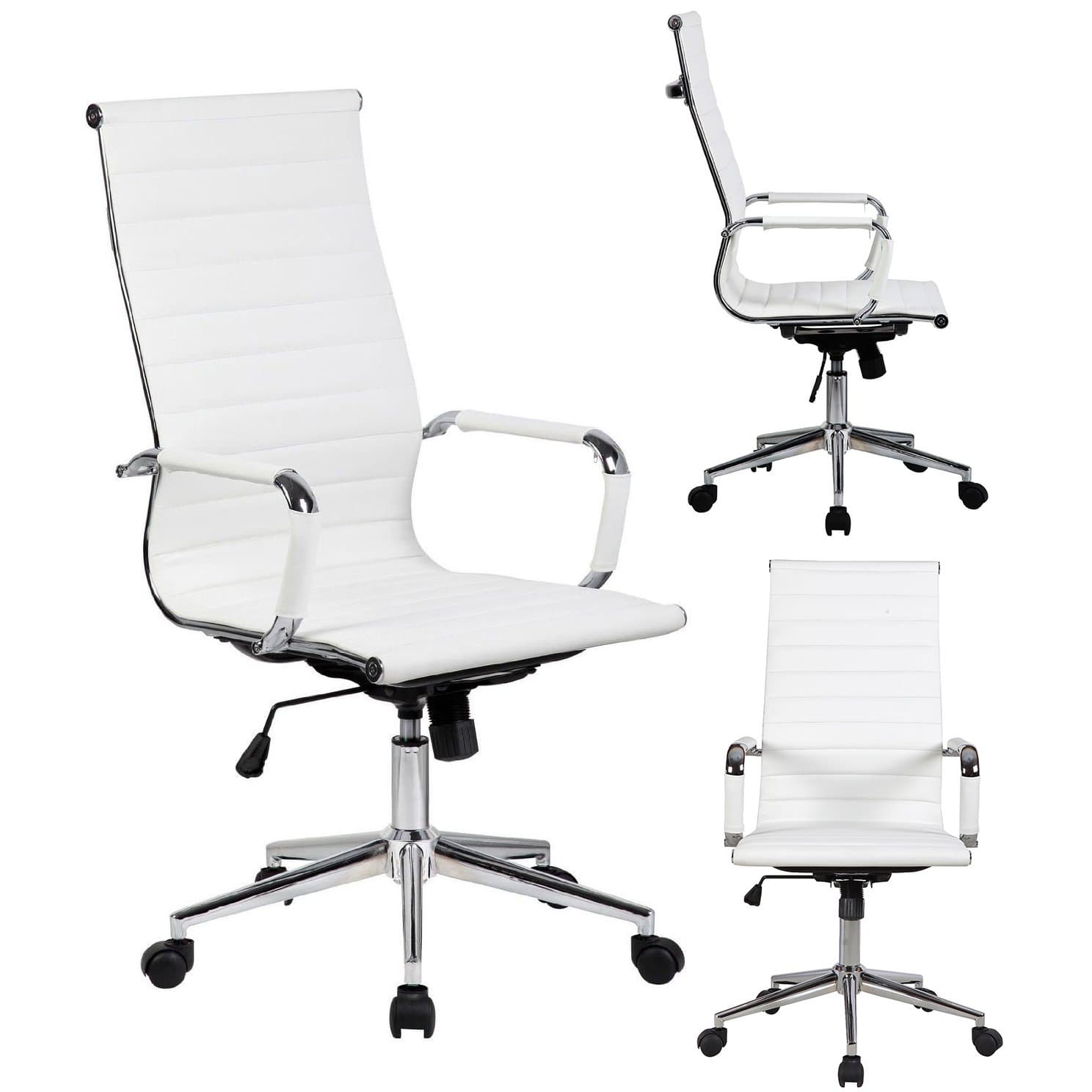 2xhome White Contemporary Mid Century Modern High Back Ribbed PU Leather Tilt Adjustable Ergonomic Office Chair with Padded Arms Arm Rest Wheels Desk Task Back Support Lumbar Swivel Conference Design