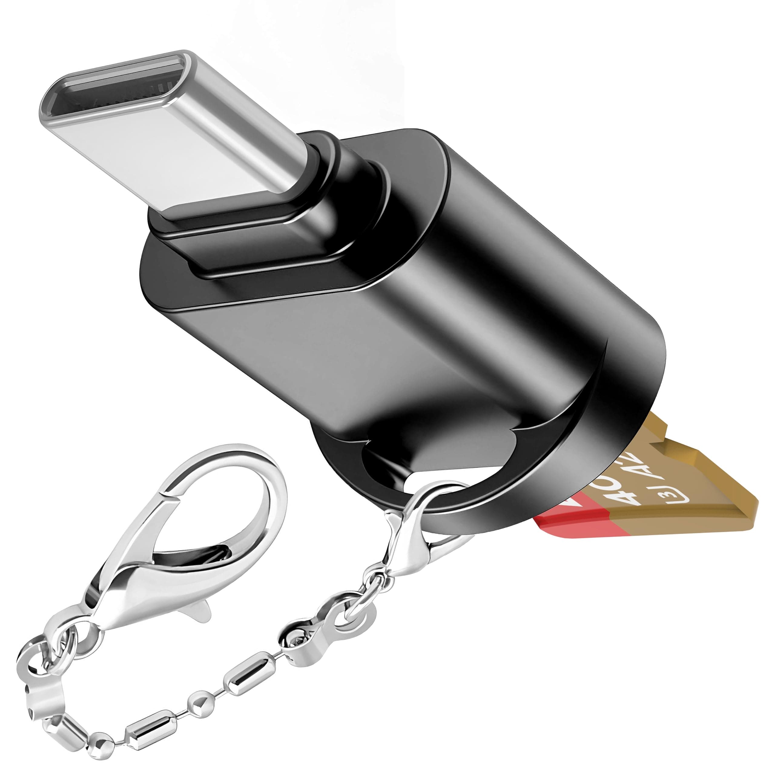 USB C Micro SD Card Reader for Android Phone, Camera, Laptop with Keychain, Mini Metal Type-C Card Reader (Black)