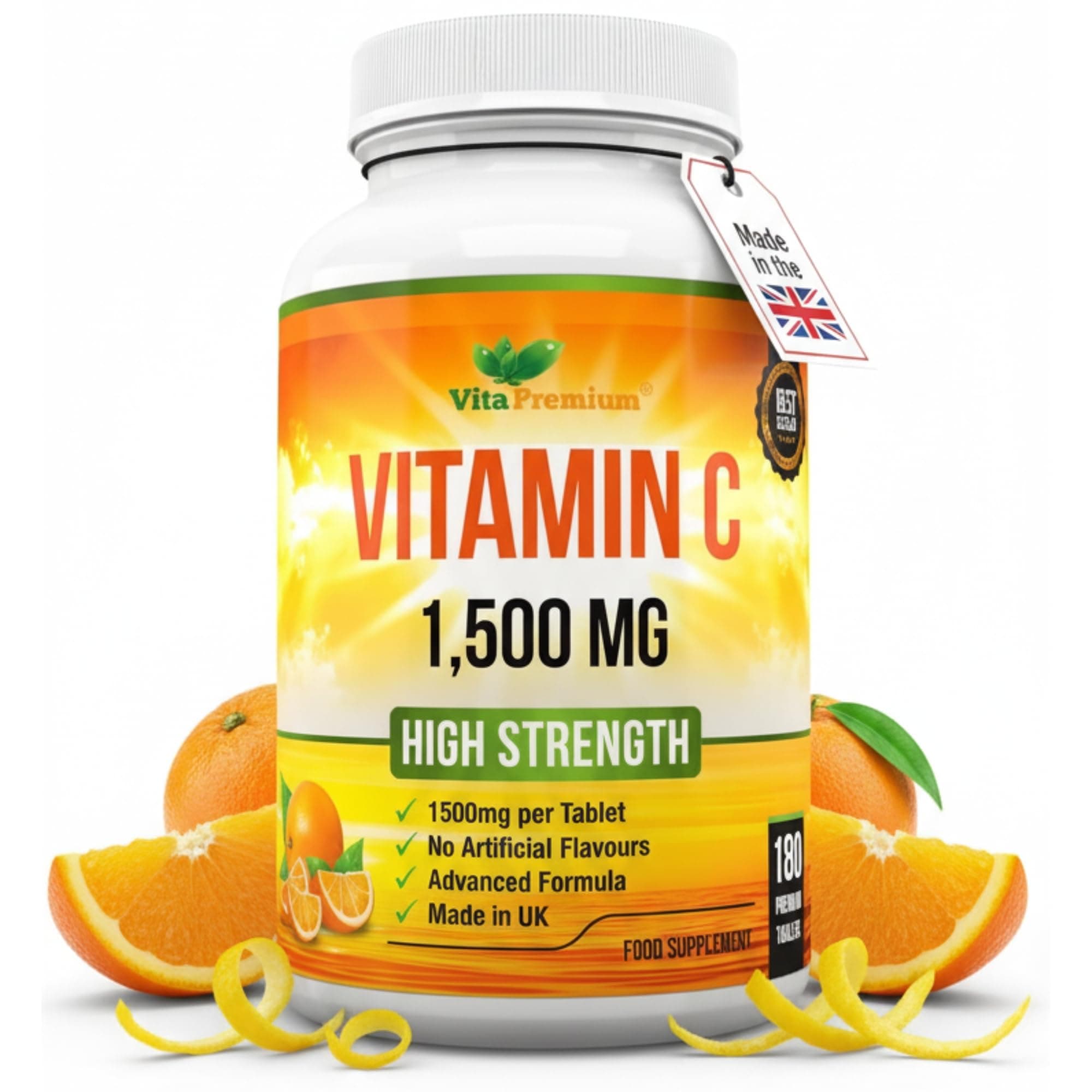 Vita Premium Vitamin C 1500mg per Tablet, High Strength 180 Vegan Tablets, Food Supplement, 6 Month Supply - Made in UK