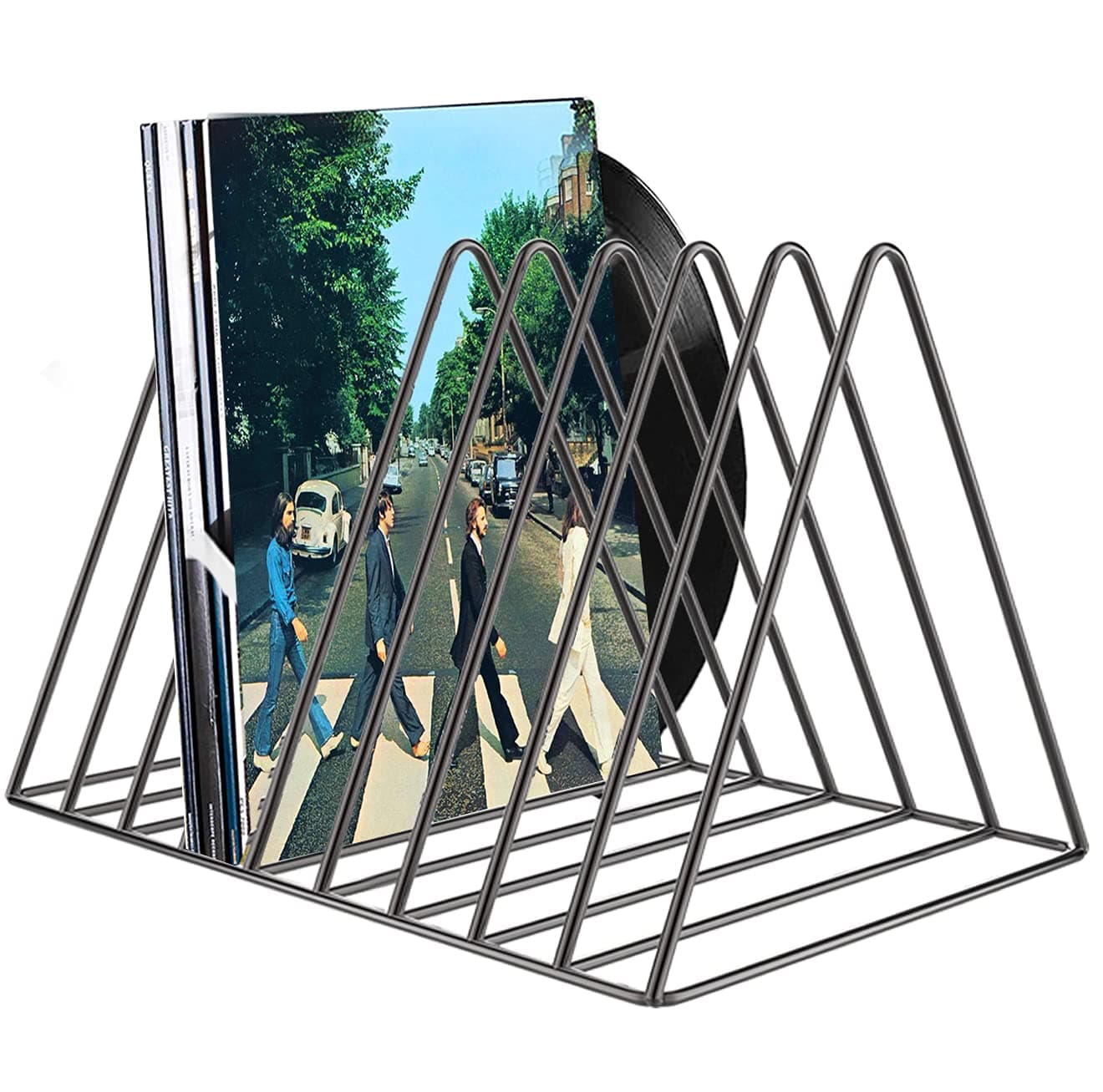 Pashion Vinyl Record Stand Holder, Desktop Album Storage Rack, Triangle Vinyl Record Shelf Display Vinyl Coated Metal Wire Rack Functional & Stylish Display Rack for Office Home