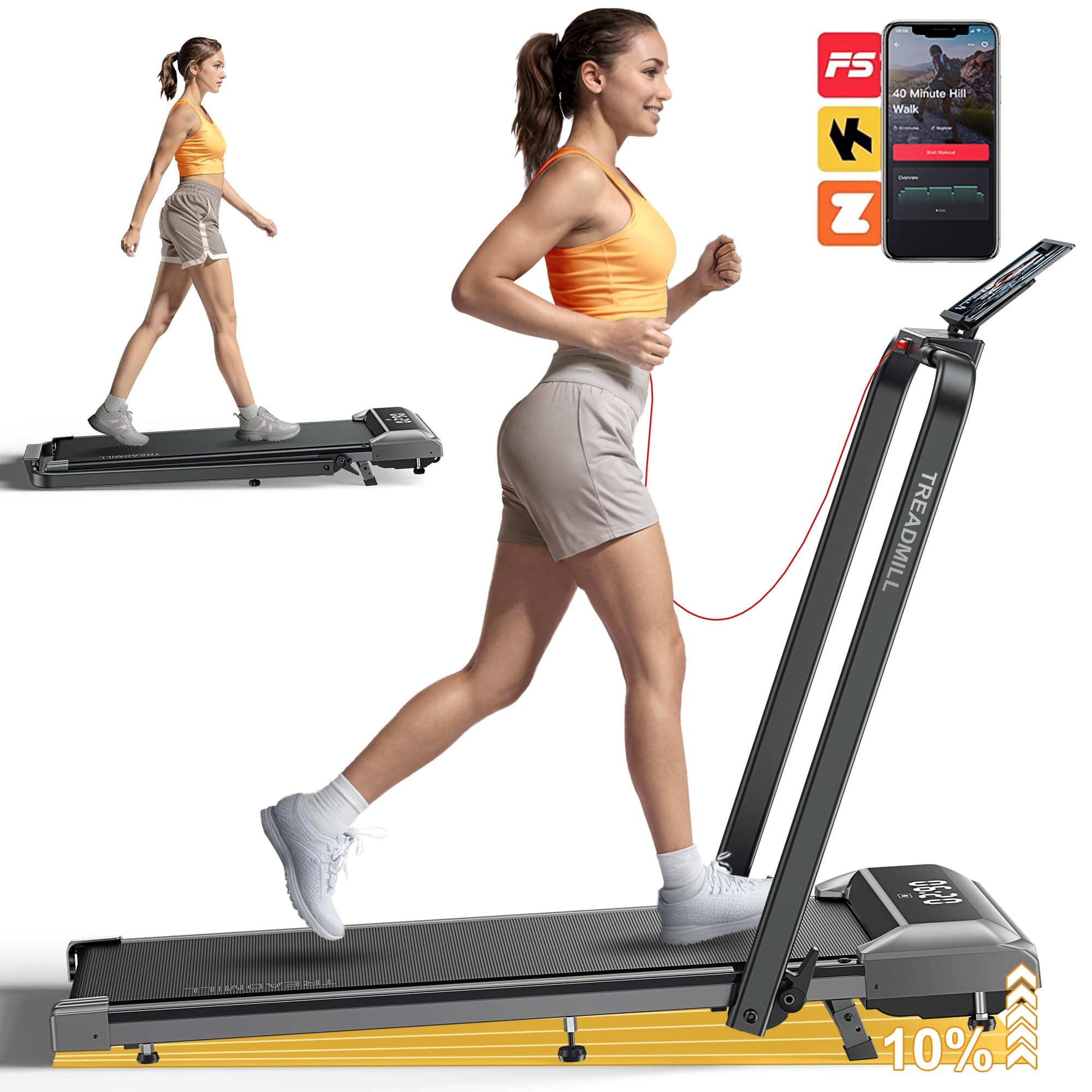 Walking Pad Under Desk Treadmill with Incline, 2 in 1 Foldable Treadmills for Home Small Office, 300 lbs Capacity, Portable Compact Walking Treadmill with Remote Control, LED Display and Apps
