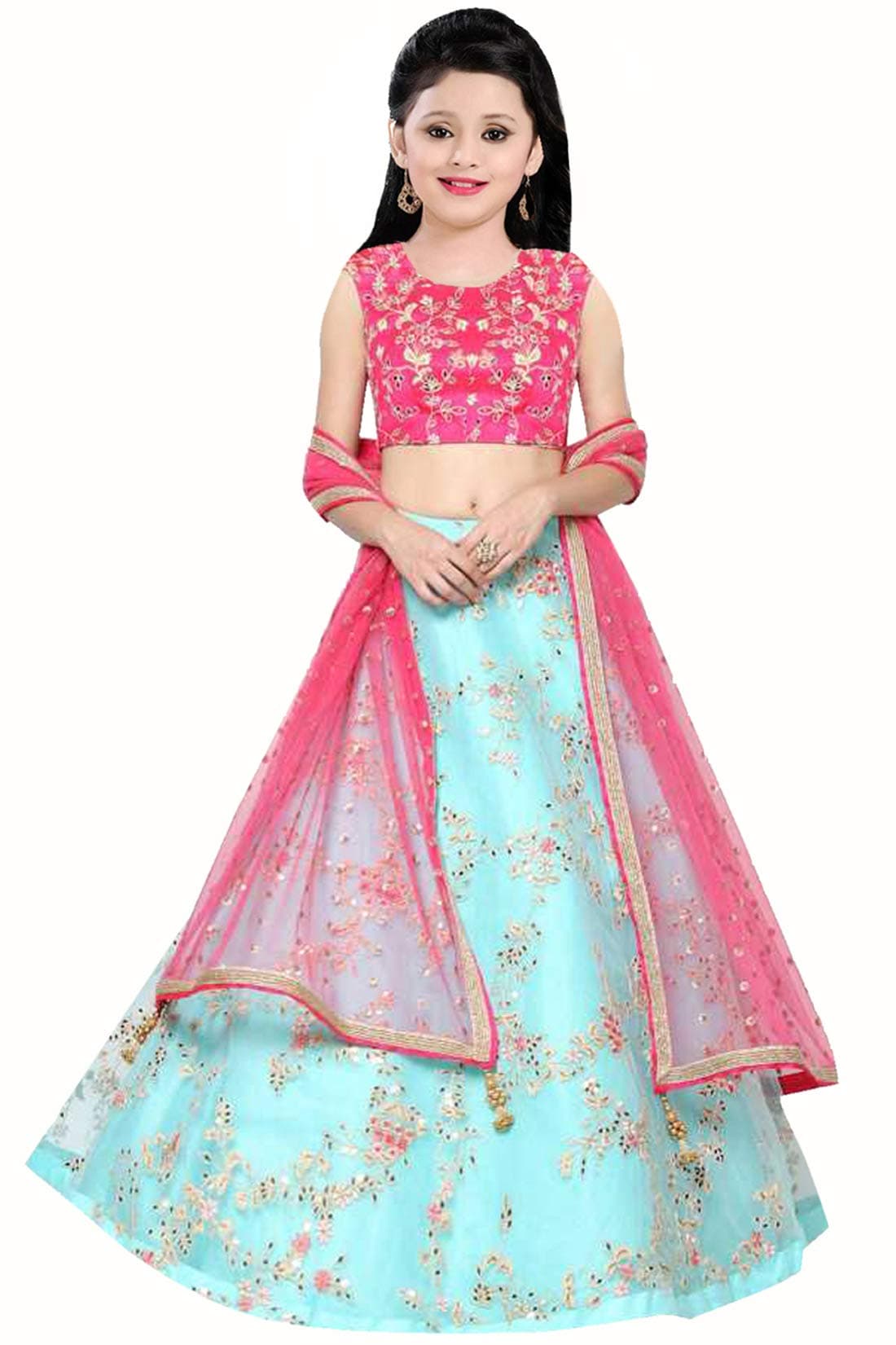 Suppar Sleave Girl's Net Semi-Stitched Lehenga Choli (sky_Sky_Free Size)