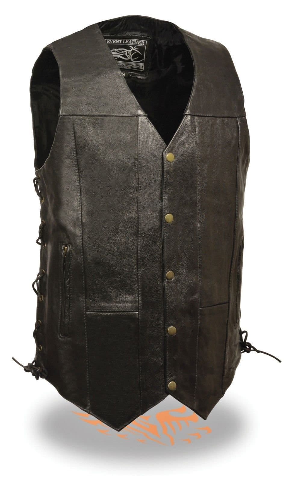 Men's Motorcycle 10 Pockets Tall Length 3" Longer Bikers Leather Vest Side LACE