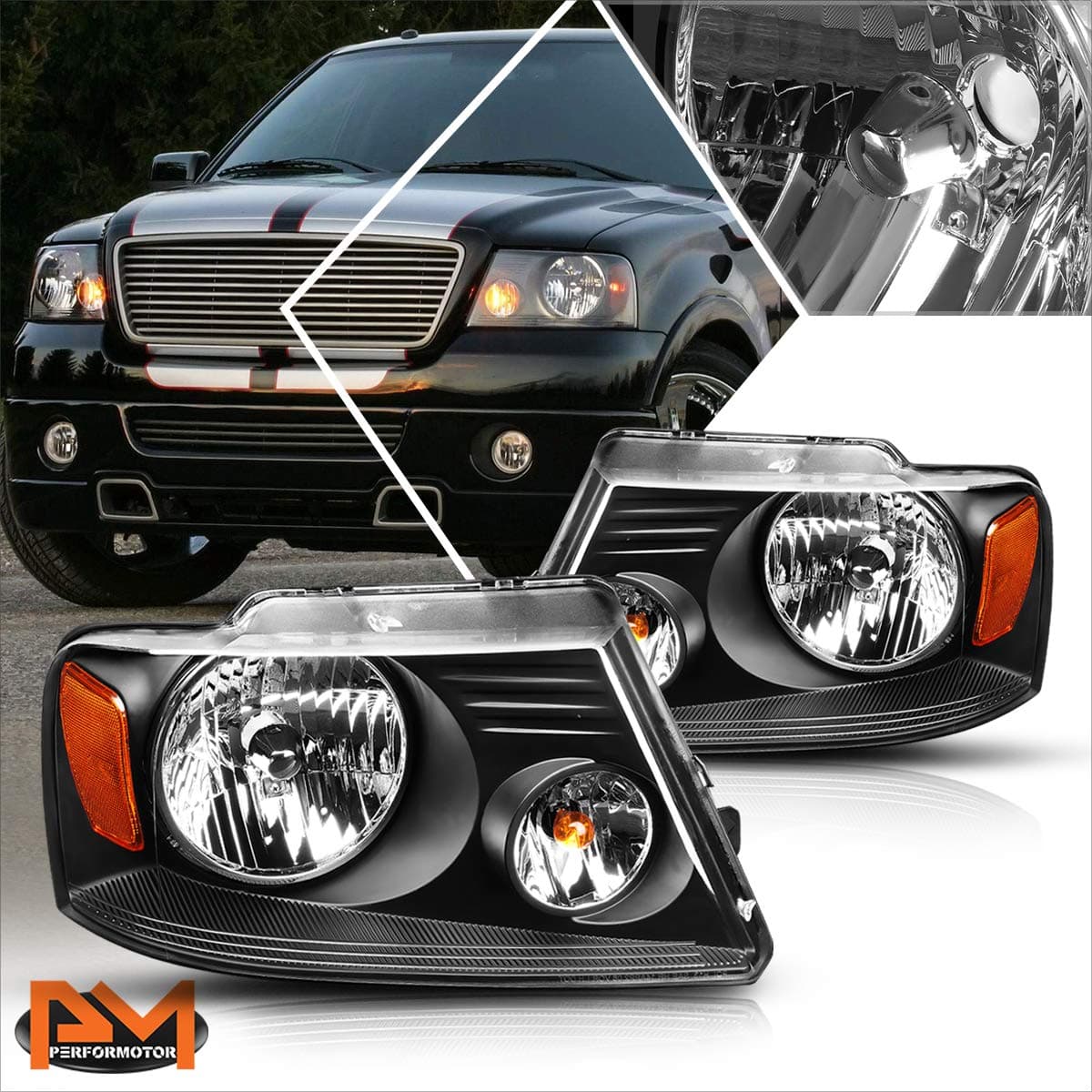 PM PERFORMOTOR 2Pcs Replacement Headlights Assembly Compatible with F150 04-08/Mark LT 06-08,Black Housing/Amber Corner