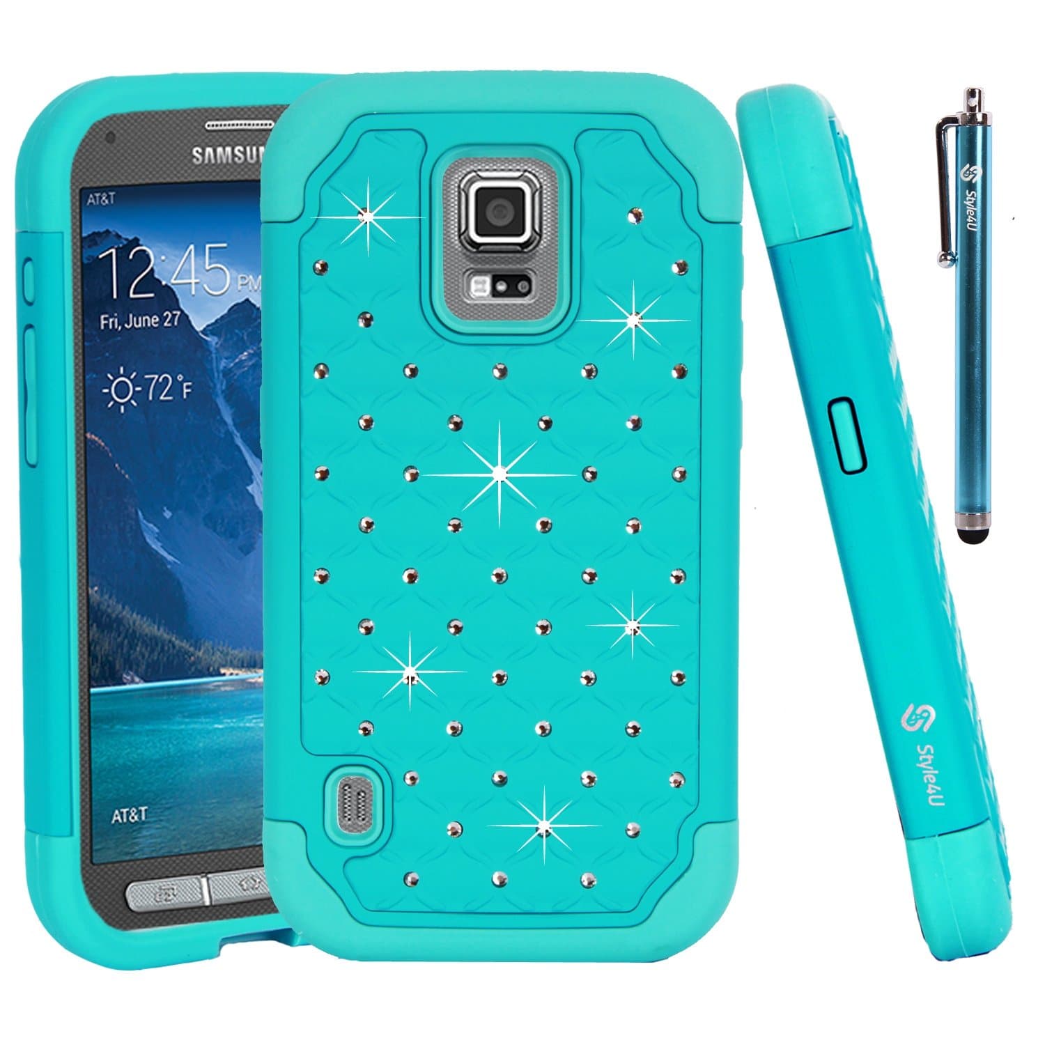 Studded Rhinestone Hybrid Armor Case Cover For Samsung Galaxy S5 Active G870 With 1 HD Screen Protector And 1 Stylus (Not For Samsung Galaxy S5) Teal / Mint Green