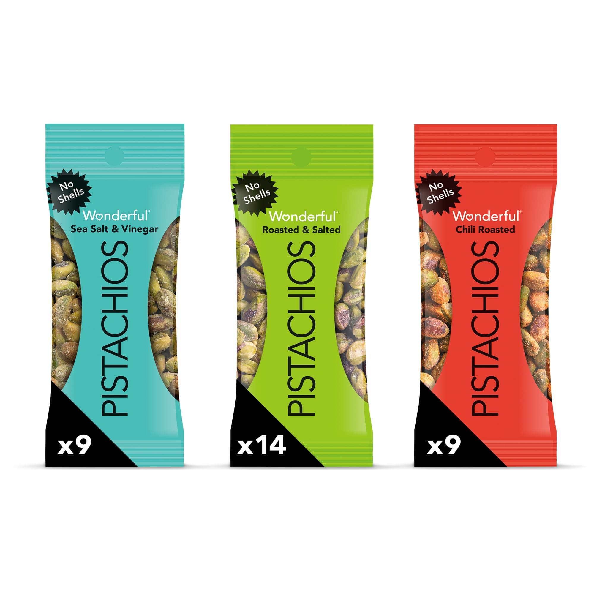 Wonderful Pistachios No Mussels 3 Flavours Mixed Variety 32 Pack (0.8 oz) Roasted and Salted Nuts (14), Chilli Roasted (9), Sea Salt and Vinegar (9), Protein Snacks