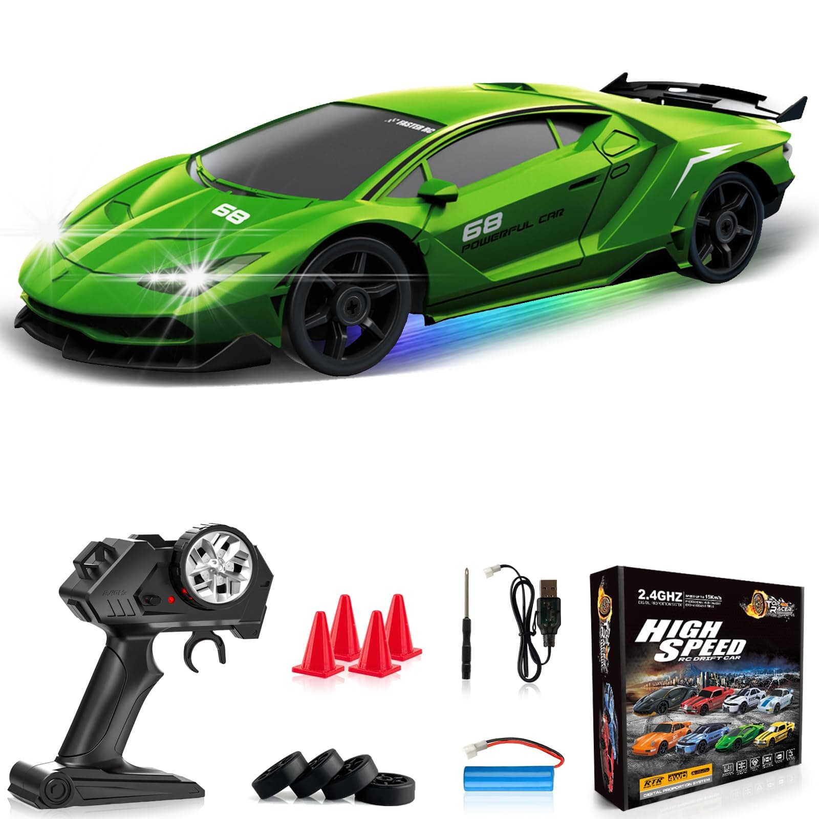 RC Drift Car 1:24 Remote Control Car 4WD 15KM/H High Speed Racing Sport Car with LED Lights RC Cars Toy for Kids Boys Girls Adults Gifts Birthday Christmas Rechargeable Batteries