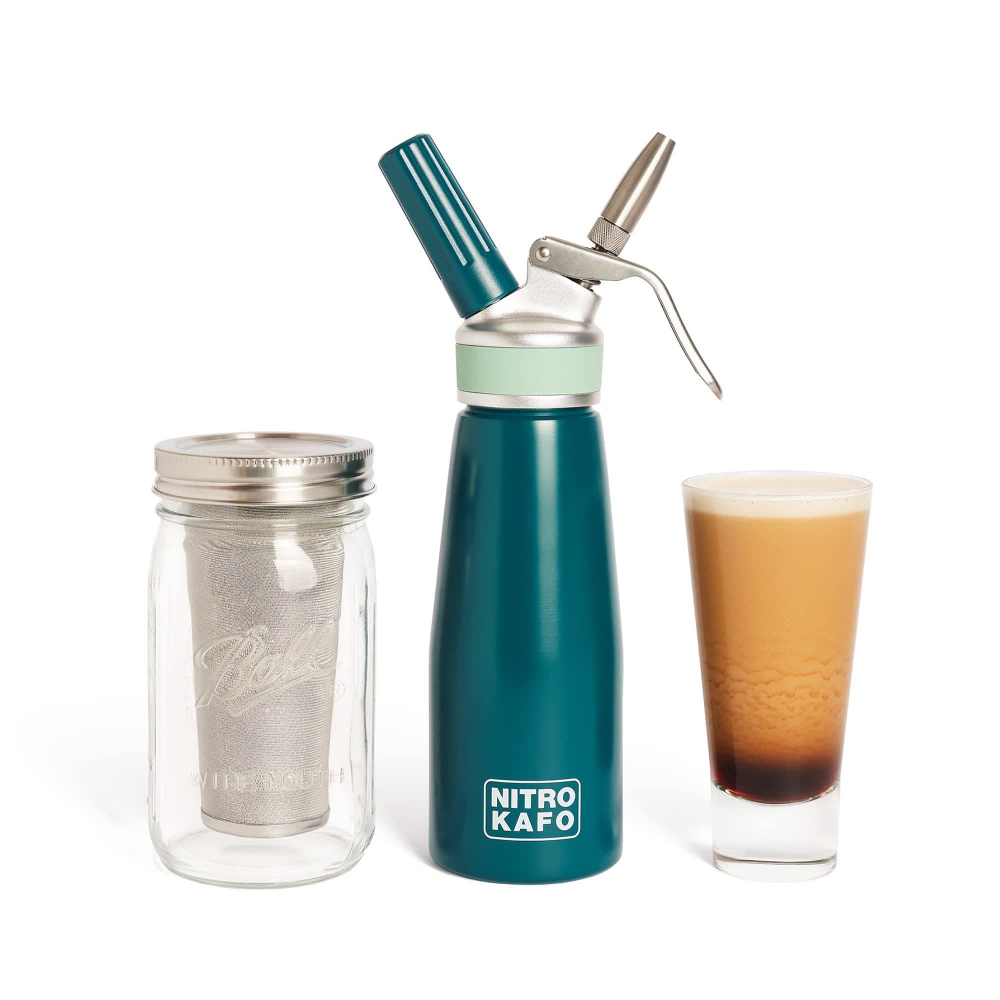 NITRO KAFO Cold Brew Mason Jar Coffee Maker and Nitro Coffee Maker kit - Stainless Steel Filter, Durable Glass, 100% Recyclable Aluminium Bottle with Stainless Steel Parts For a Kit Which Will Last