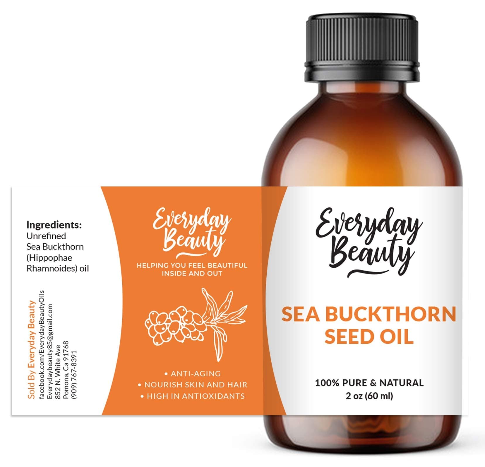 Sea Buckthorn Oil - 100% Pure & All Natural, Cold Pressed and Extra Virgin Unrefined Premium Grade Moisturizing Oil For Face, Skin and Hair 2oz Bottle