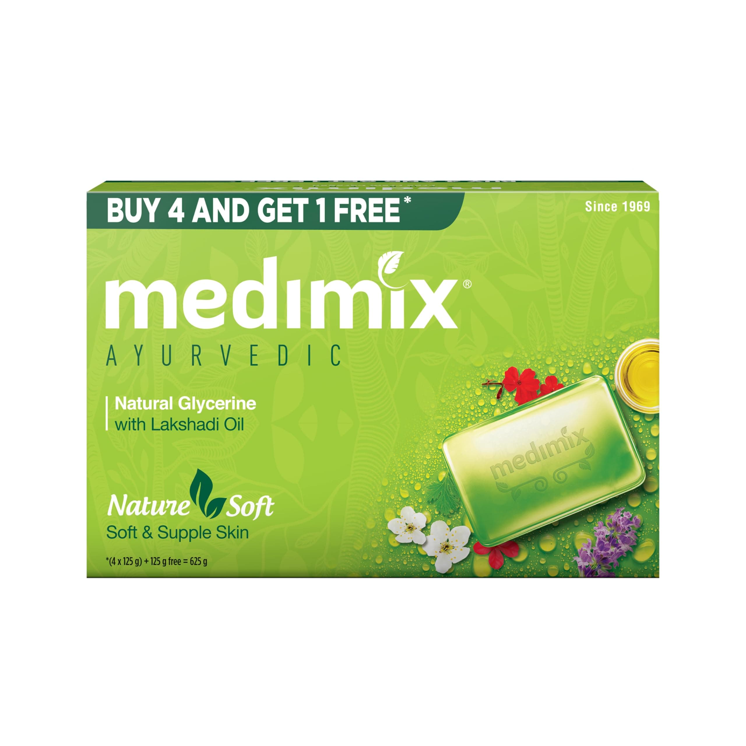 Medimix Ayurvedic Natural Glycerine Bathing Soap with Lakshadi Oil for Soft, Supple & Moisturised Skin 125G (Buy 4 Get 1 Extra Combo Pack) | Natural | Herbal | Paraben-Free & Sulphate-Free |100% Vegan