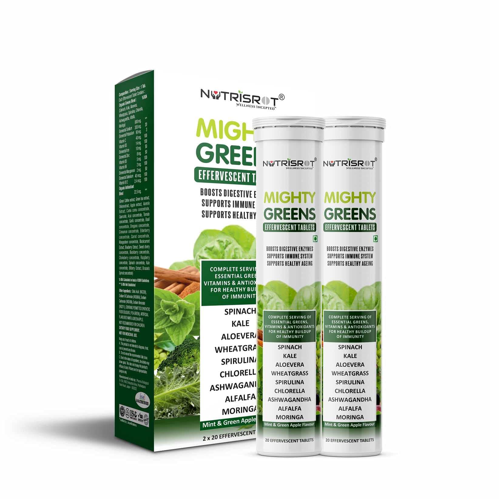 Mighty Greens Multivitamin Effervescent Tablets|Super Greens Wholefood With Spinach, Kale, Ashwagandha, Vitamin C, B12, Iron, Zinc & Antioxidants|Mint & Green Apple Flavour (40 Tablets)