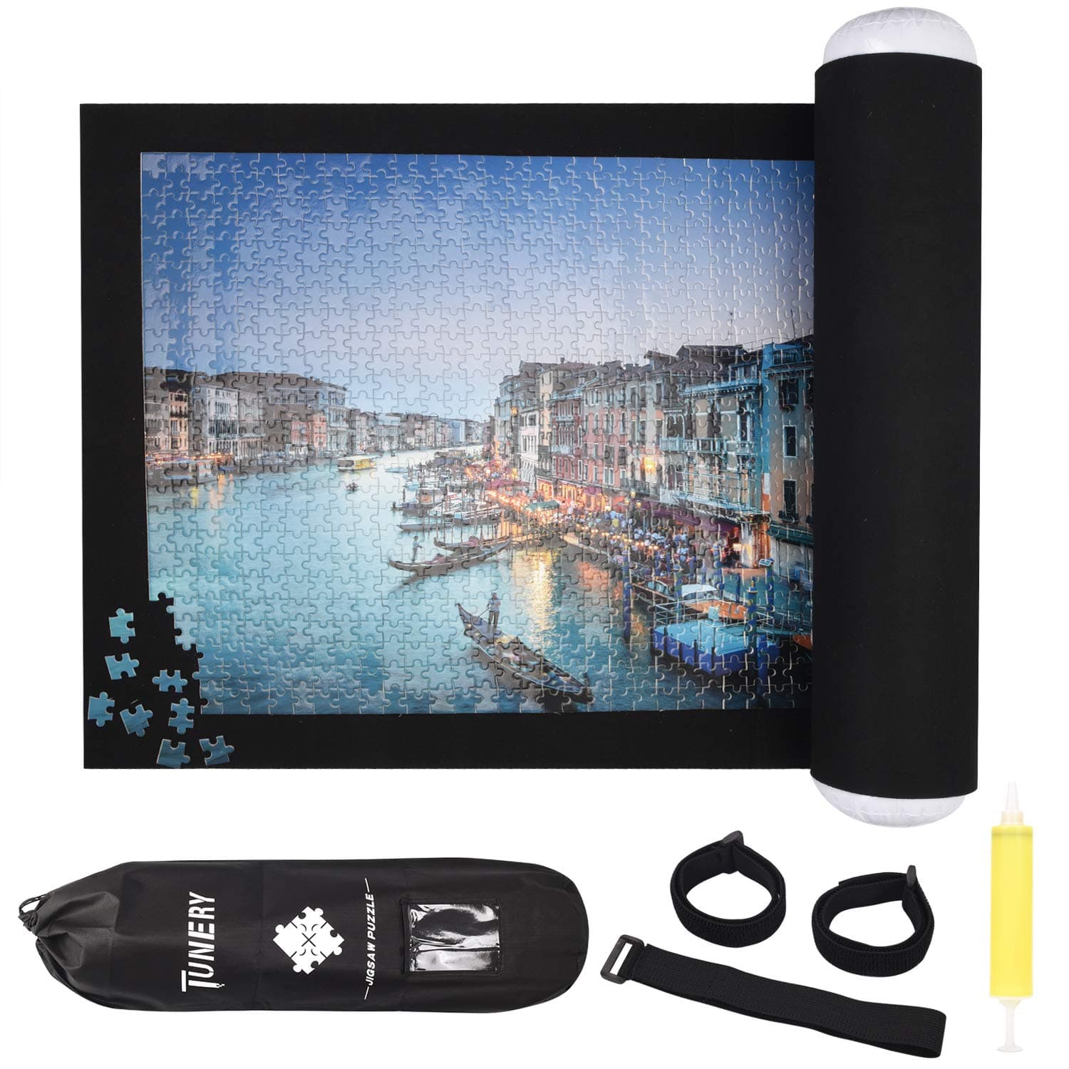 Puzzle Roll Up Mat, Tunery puzzle storage, Jigsaw Puzzle Mat Roll Up to 1500 Pieces Inflatable Tube, and 3 Elastic Fasteners, Mini Pump, 46" x 24" Felt Mat, with Drawstring Storage Bag