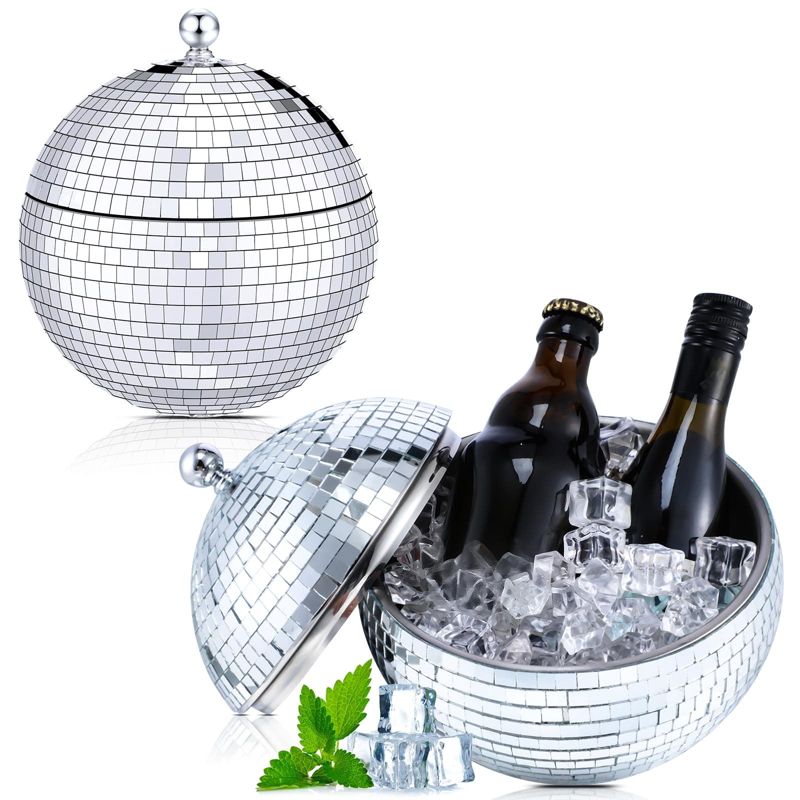Hoolerry 2l Disco Ball Ice Bucket Mirror Silver Disco Beverage Tubs Bowl Vase Cup Drink Bucket Ice Barrel Double Stainless Steel Retro Party Supplies Accessories
