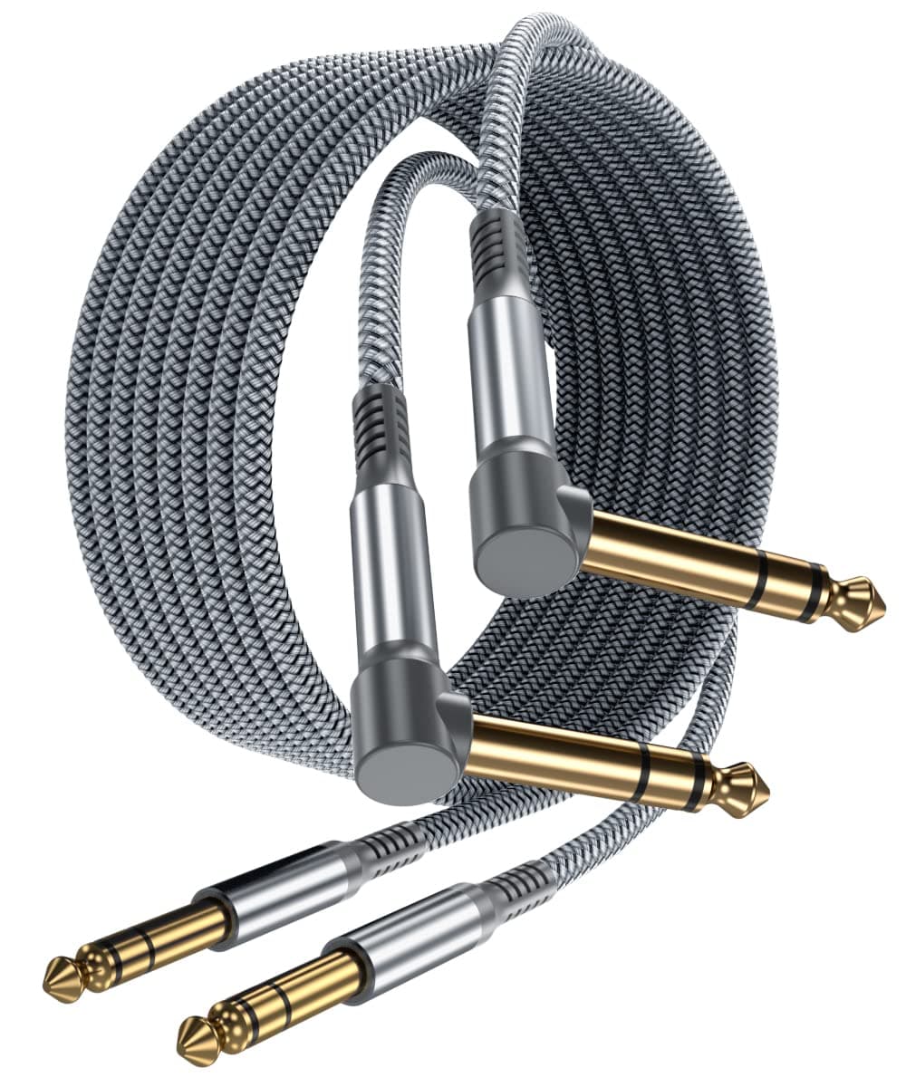 Elebase 1/4 Quarter Inch TRS Instrument Cable 10ft 2-Pack,Right-Angled to Straight 6.35mm Guitar Bass AMP Cord,6.3mm Male Stereo Audio Line for Electric Guitar,Bass,Keyboard,Mixer,Amplifier,Speaker