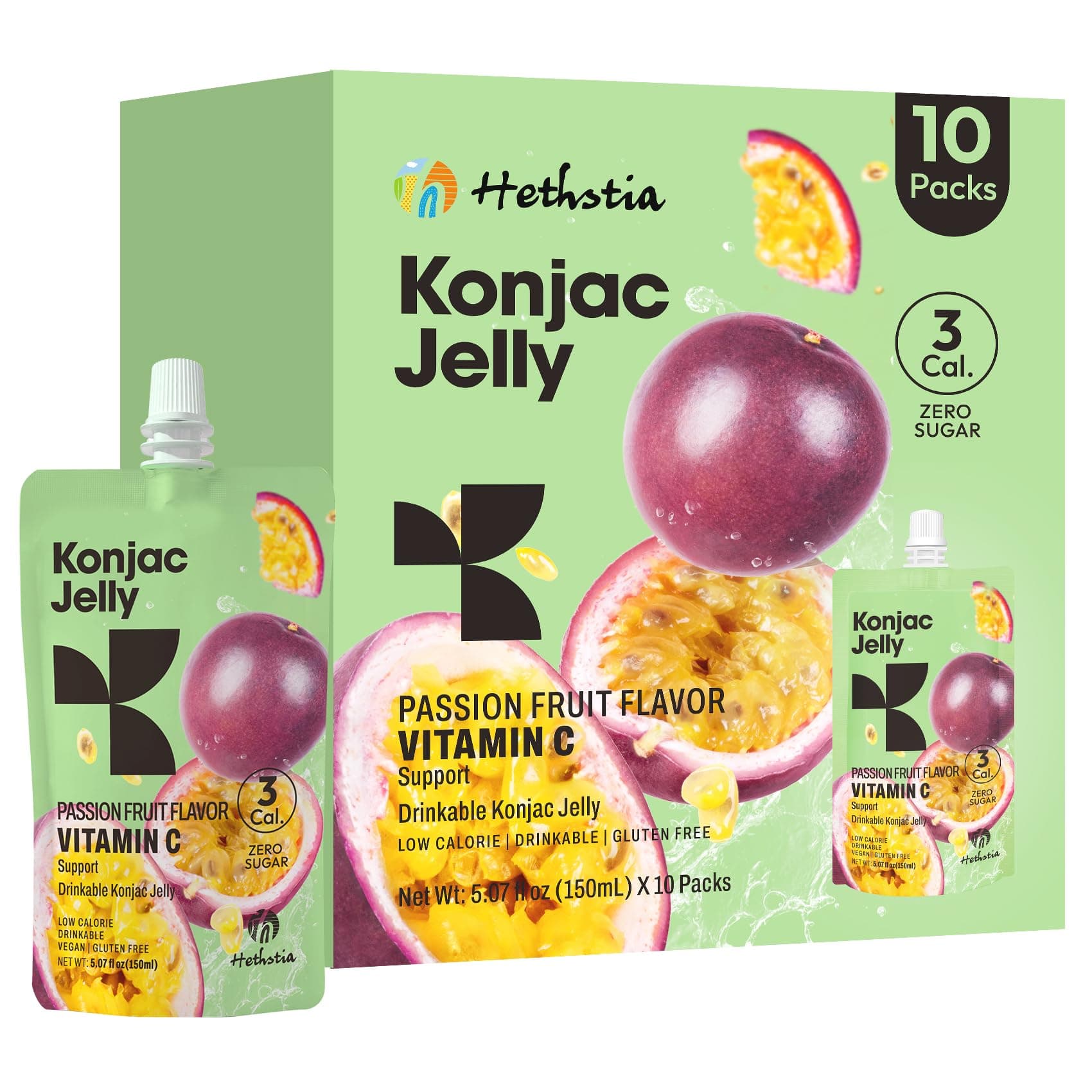 Hethstia Konjac Jelly Passion Fruit, 10 Pouches Sweet Fruit Drinkable Jello, 3 Calories, Sugar Free, Vitamin C, Keto, Vegan, Gluten-Free, On-the-Go Light Snacks, Healthy Food Gift