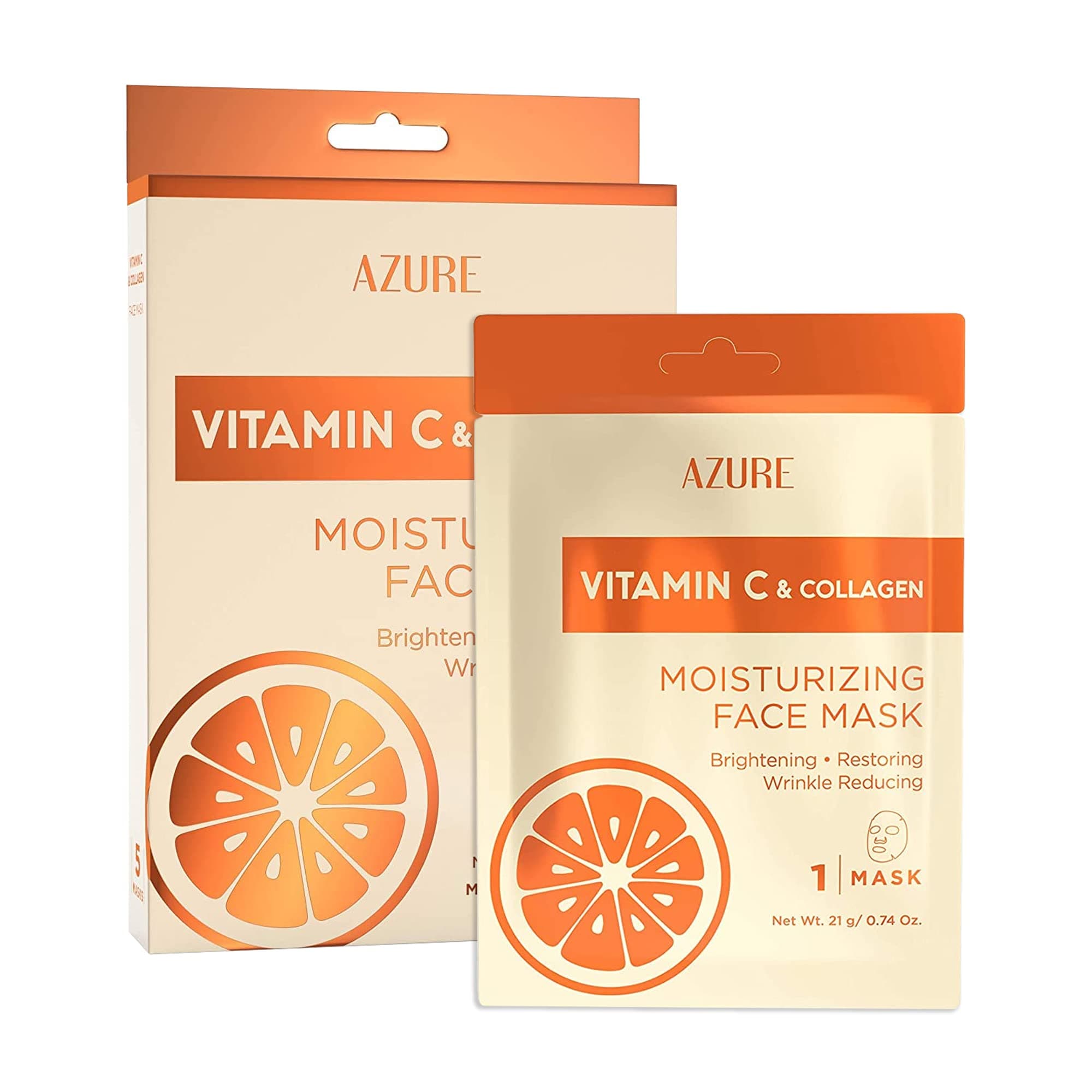 Vitamin C & Collagen Moisturizing Facial Sheet Mask- Anti Aging, Deeply Moisturizing & Firming - Brightening Mask, Improves Elasticity - Skin Care Made in Korea - 5 Pack