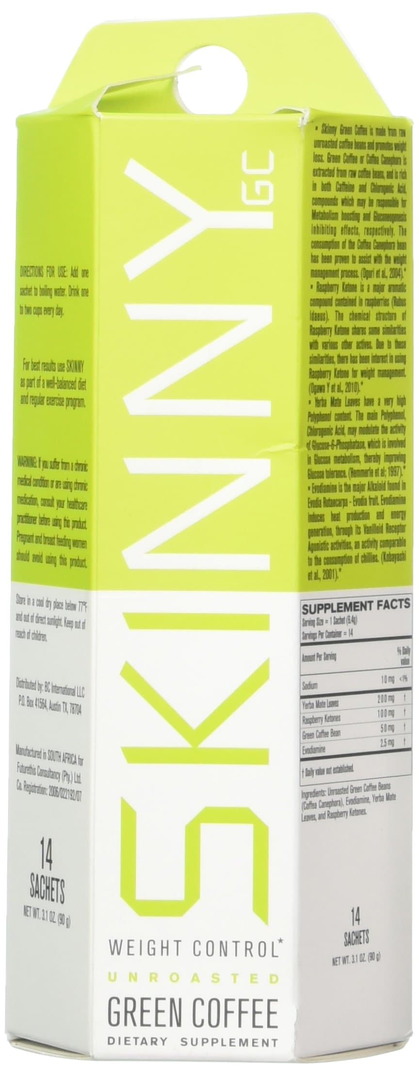 Skinny Green Coffee- Gourmet Unroasted Coffee with Raspberry Ketones, Yerba Mate, and Evodiamine. Premium All-Natural Ingredients. Comes in 14 Convenient Single Serve Packets- Just add Water.