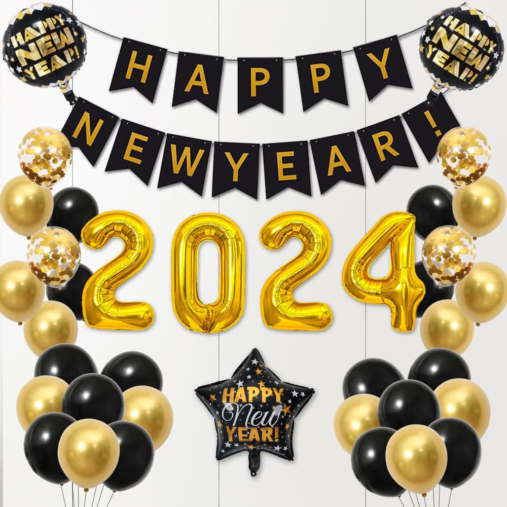 MANALA Happy New Year Decorations 2024, Black and Gold Party Supplies with Sign Foil Balloons for New Year's Eve Party Decor