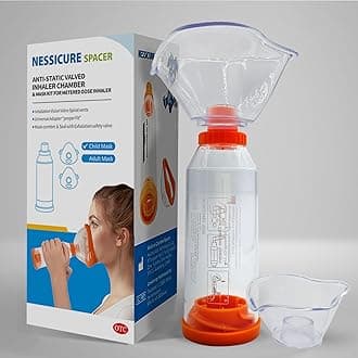 Inhaler Spacer for Adult and Child or Baby with Mask, Aerosol Chamber Helps Medication Delivery for Asthma and COPD (Transparent, Adult Mask)