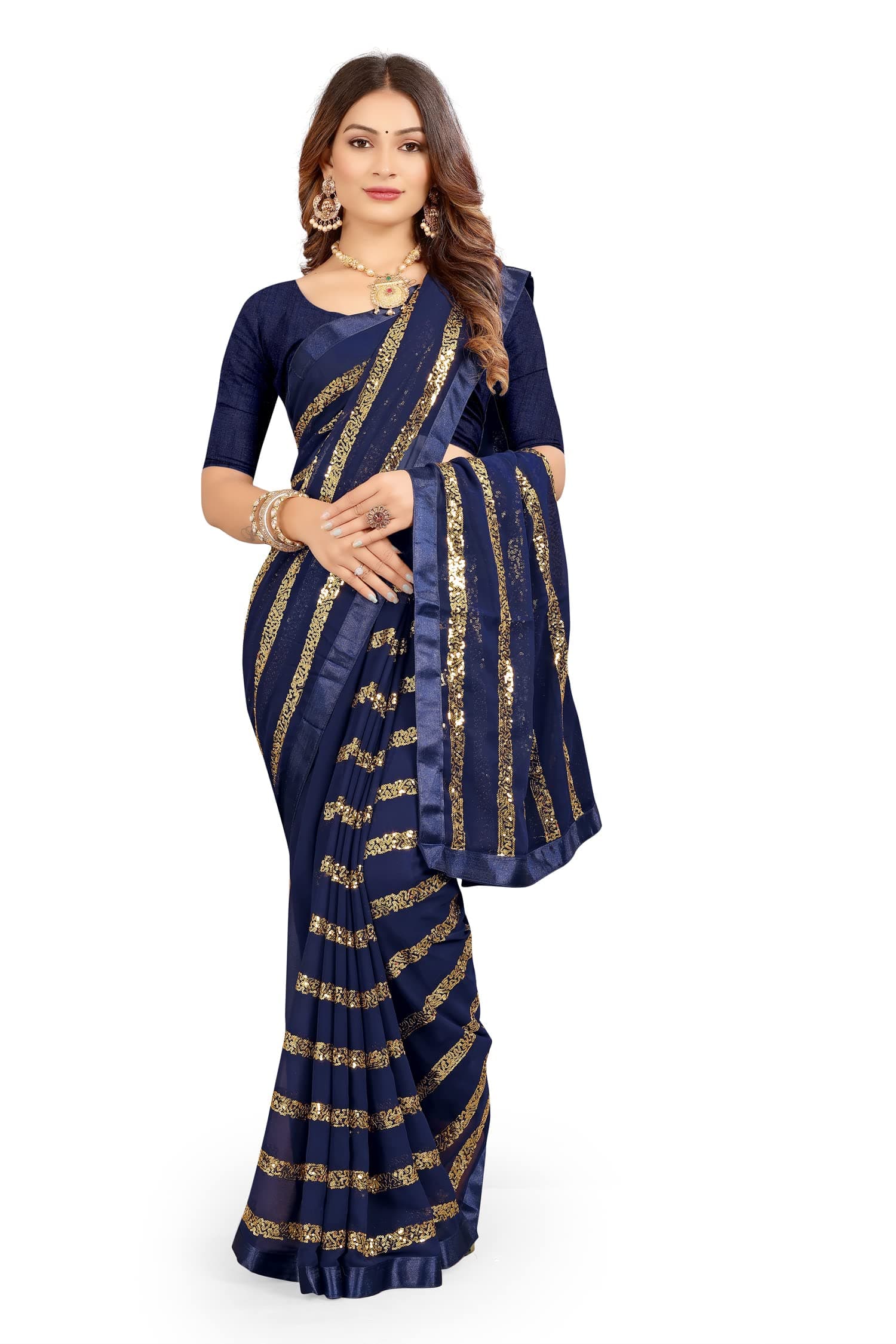 ShasmiNavy Blue Women's Embroidered Georgette Saree With Blouse Piece (Anushka Navy)