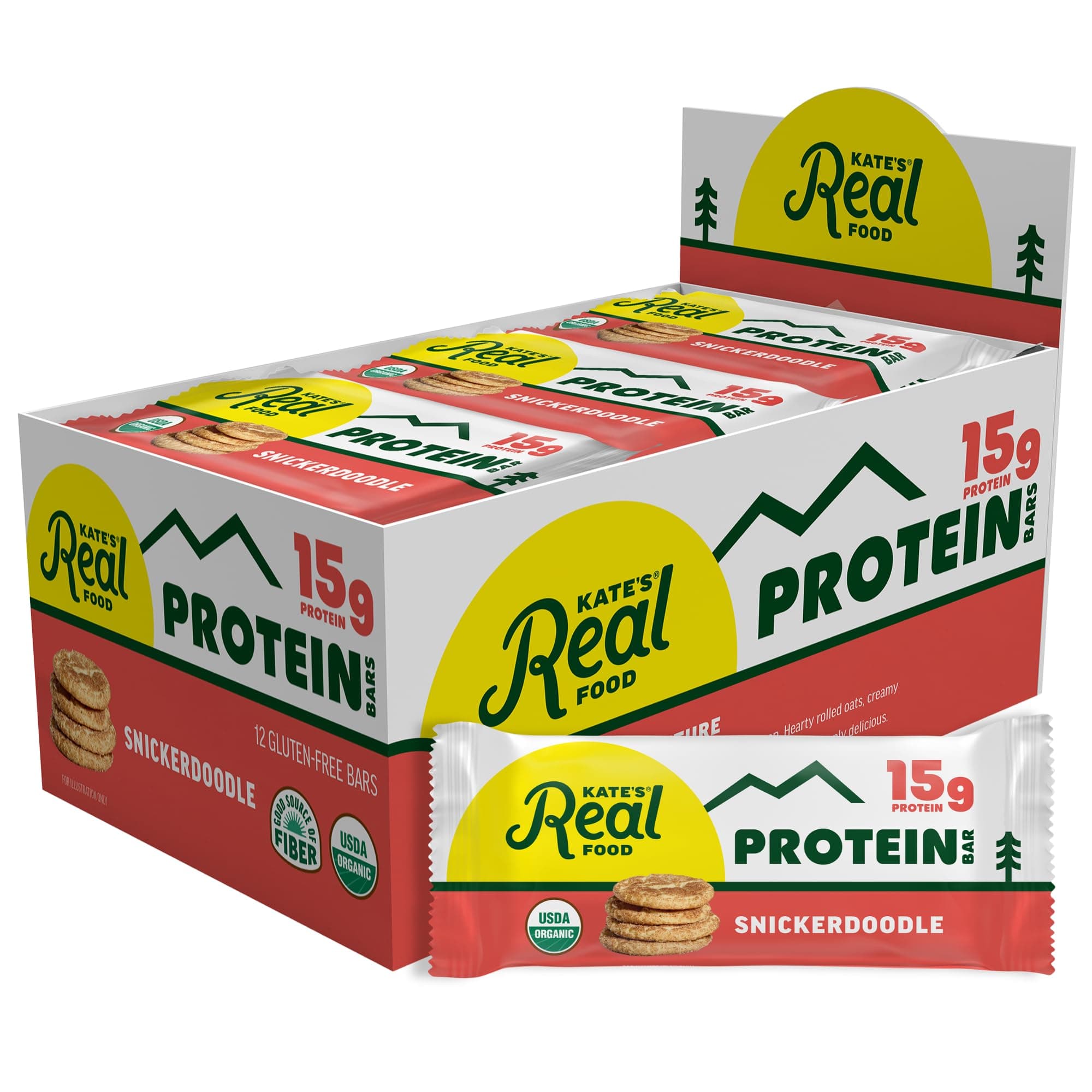 Kate’s Real Food Organic Protein Bars – (Snickerdoodle, 2.2 oz, Pack of 12) – Plant Based Protein Bars - Gluten Free, Soy Free, Non GMO, Whole Grains, and All Natural