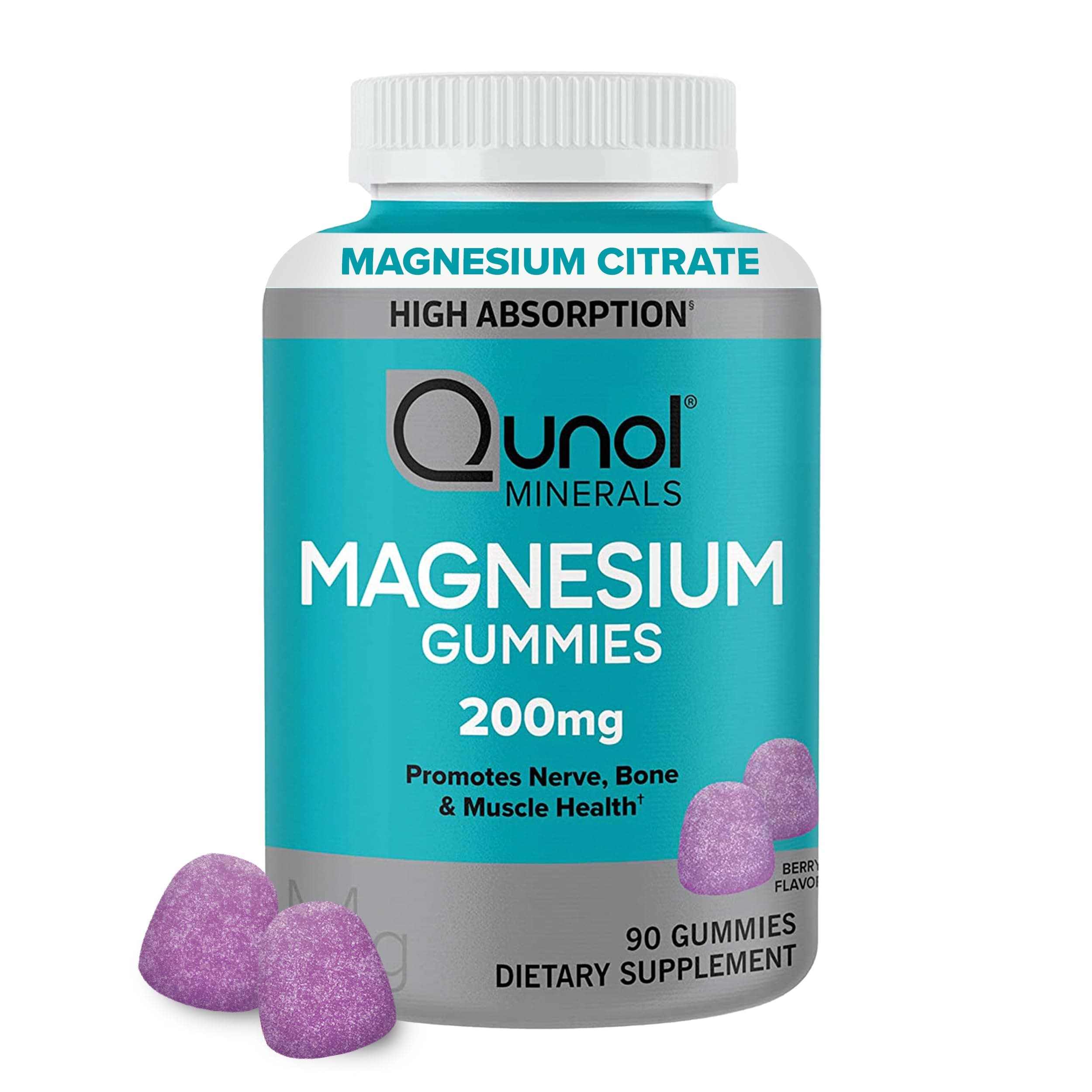 Magnesium Gummies for Adults, Qunol 200mg Citrate Gummies, High Absorption Supplement, Supports Nerve Health, Bone Muscle Vegetarian, 90 Count