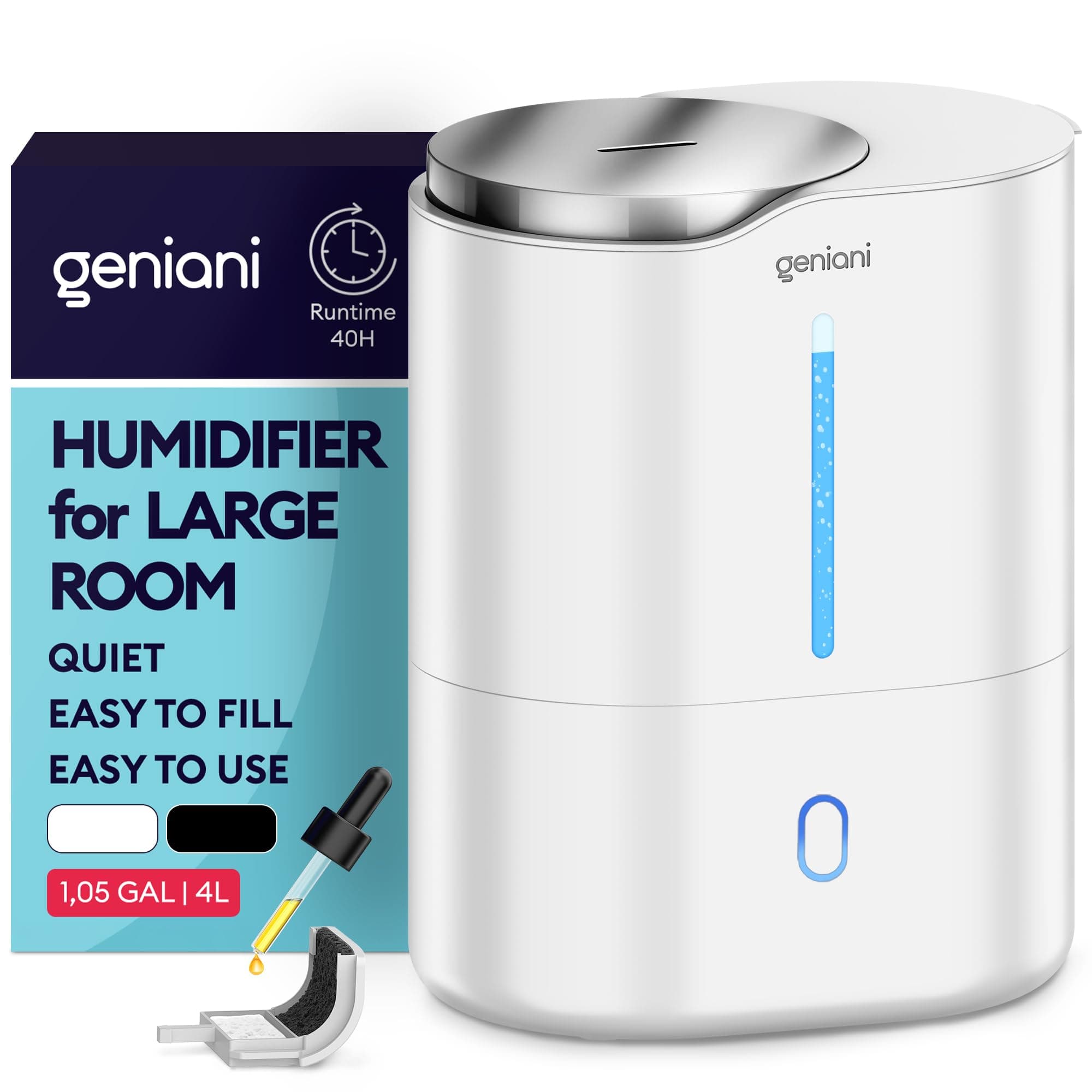 Ultrasonic Cool Mist Humidifier for Bedroom, Large Rooms, Home, 4L - Easy Fill & Clean Humidifier for Plants w/Auto Shut-off, 40H Runtime - Quiet, Top Fill Air Humidifier