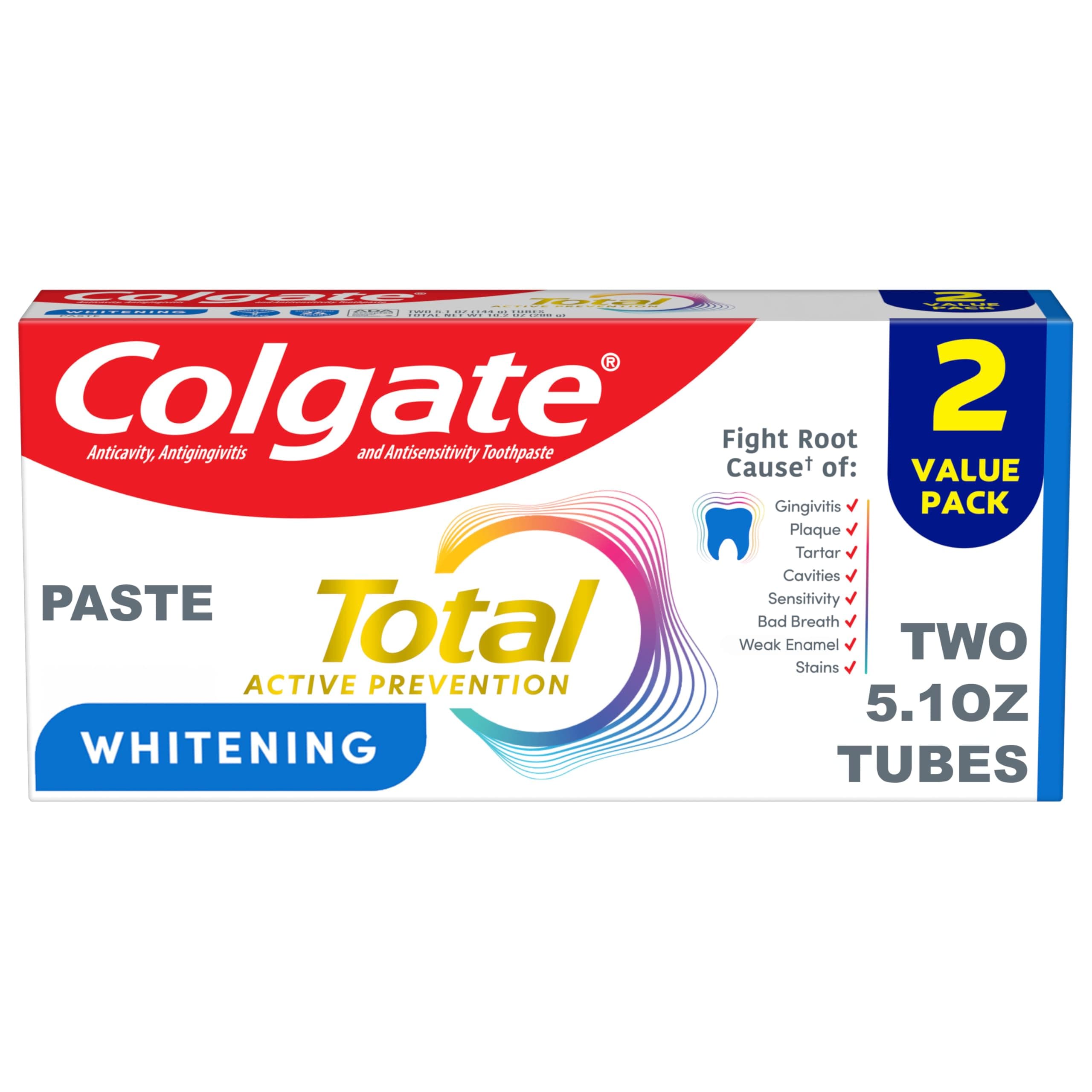 Colgate Total Whitening Toothpaste, 5.1 oz, 2 Pack, Fluoride Antibacterial Paste for Plaque, Gingivitis, Sensitivity, Stain Removal, Clinically Proven, Mint, Stannous Fluoride
