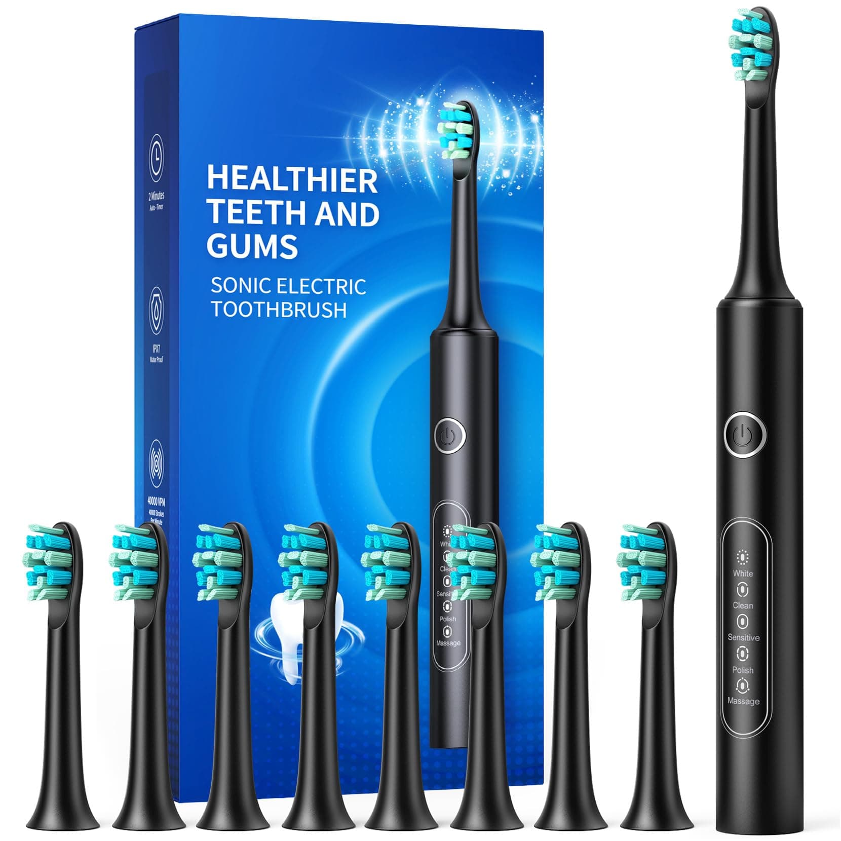 Electric Toothbrushes with 8 Replacement Brush Heads and 5 Brushing Modes,40,000vpm,Electric Toothbrush for Adults and Kids with 60 Days Battery Life,2 Minute Smart Time(Black)
