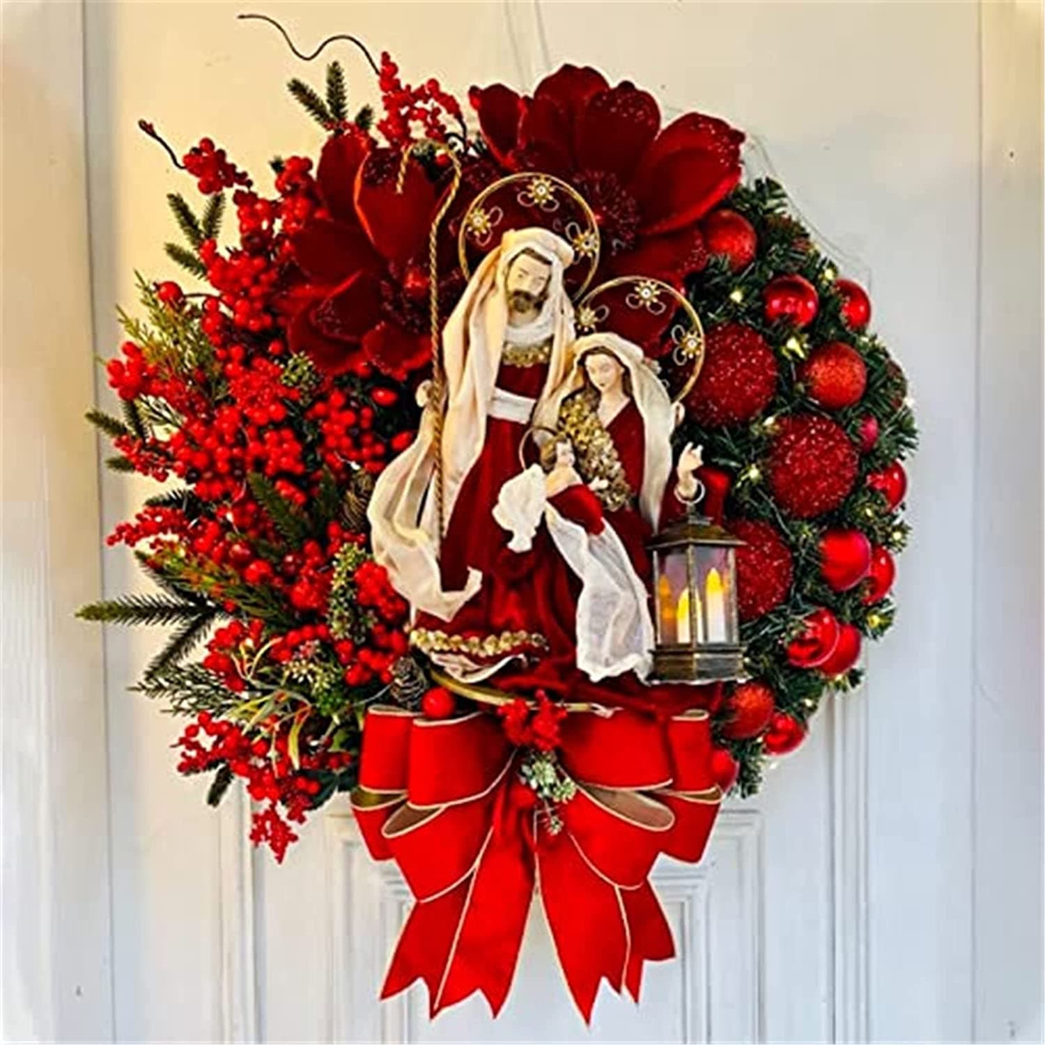 Sacred Christmas Wreath with Lights, Lighted Nativity Scene Christmas Wreath, LED Nativity Scene Front Door Christmas Wreath Decoration