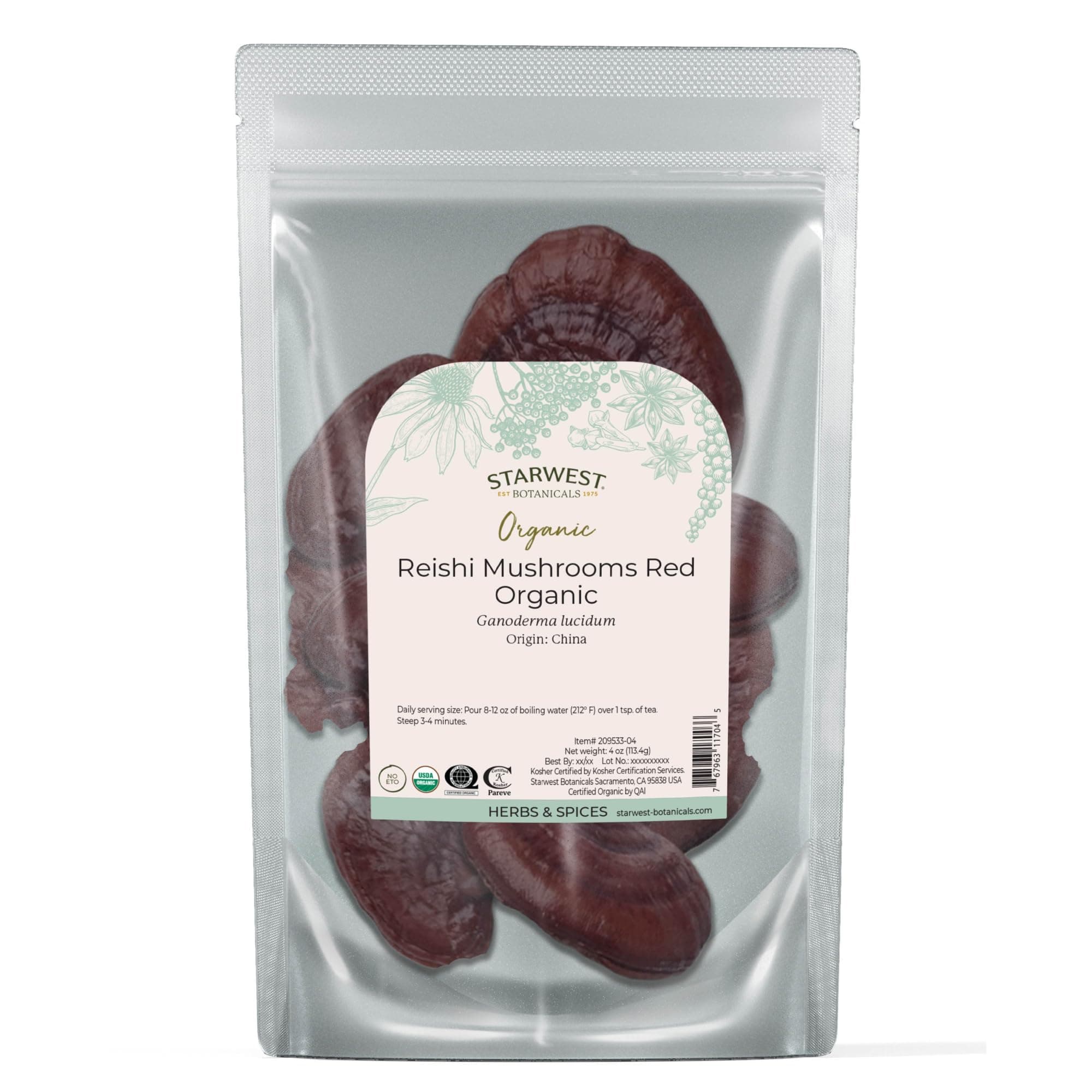 Starwest Botanicals Red Reishi Mushrooms Whole Organic - Dried Reishi Mushrooms for Herbal Tea & Cooking, Ganoderma Lucidum, Certified Kosher, Non-GMO - 4 oz Pouch