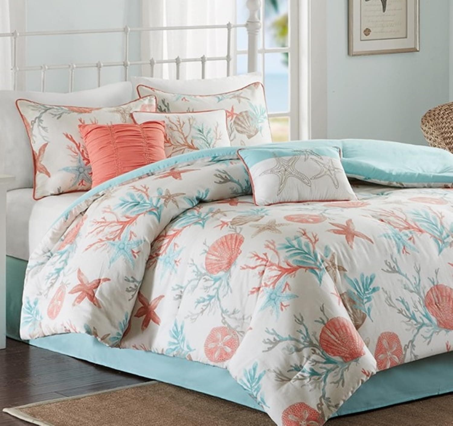 Coral & Teal Seashells, Starfish, Beach King Comforter Set (7 Piece Bed in A Bag)