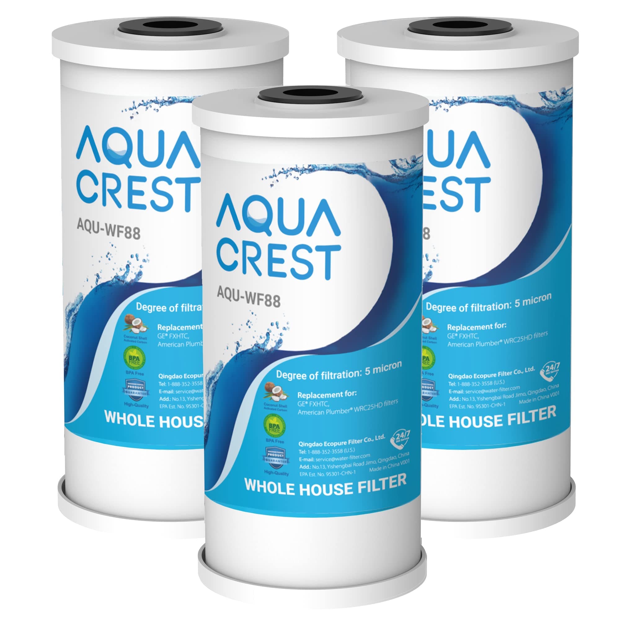 AQUA CREST FXHTC Whole House Water Filter, Well Water Filter Replacement for GE® FXHTC, GXWH40L, American Plumber W10-PR, Culligan® RFC-BBSA, W10-BC, Carbon Filters, 5 Micron, Pack of 3