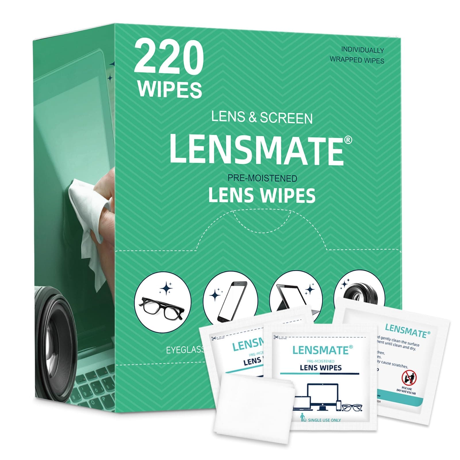 Lensmate 220 Count Lens Wipes for Eyeglasses, Pre-Moistened & Individually Wrapped Eyeglass Wipes, Lens Cleaning Wipes for Eyeglasses, Sunglasses, Goggles and Camera Lens (220Count)