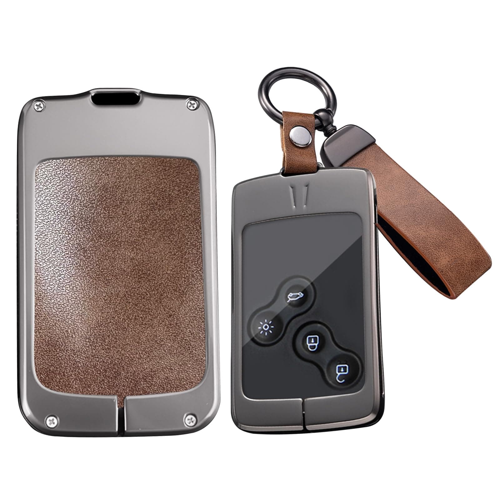 HIBEYO Key Fob Cover Compatible with Renault Clio Logan Megane Scenic Fluence Laguna Accessories Alloy Leather Key Shell Smart Remote Auto Key with Keychains-Long Keychian Brown