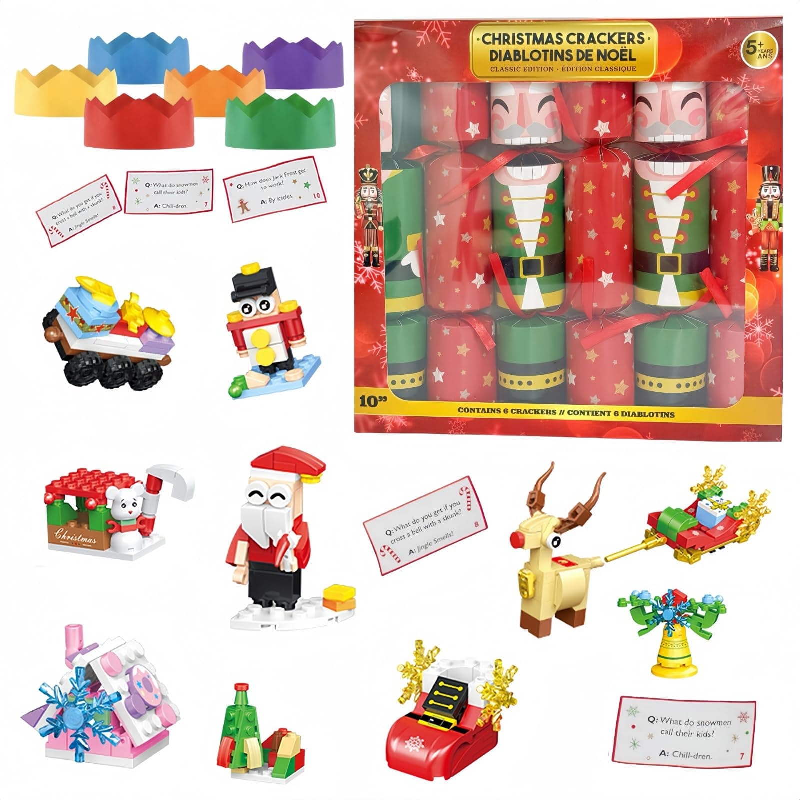 6 Pack Christmas Party Crackers,Christmas Crackers with Santa's Friends Building Block Xmas Cracker,Luxury Xmas Family Cracker with Novelty Gifts Party Hats