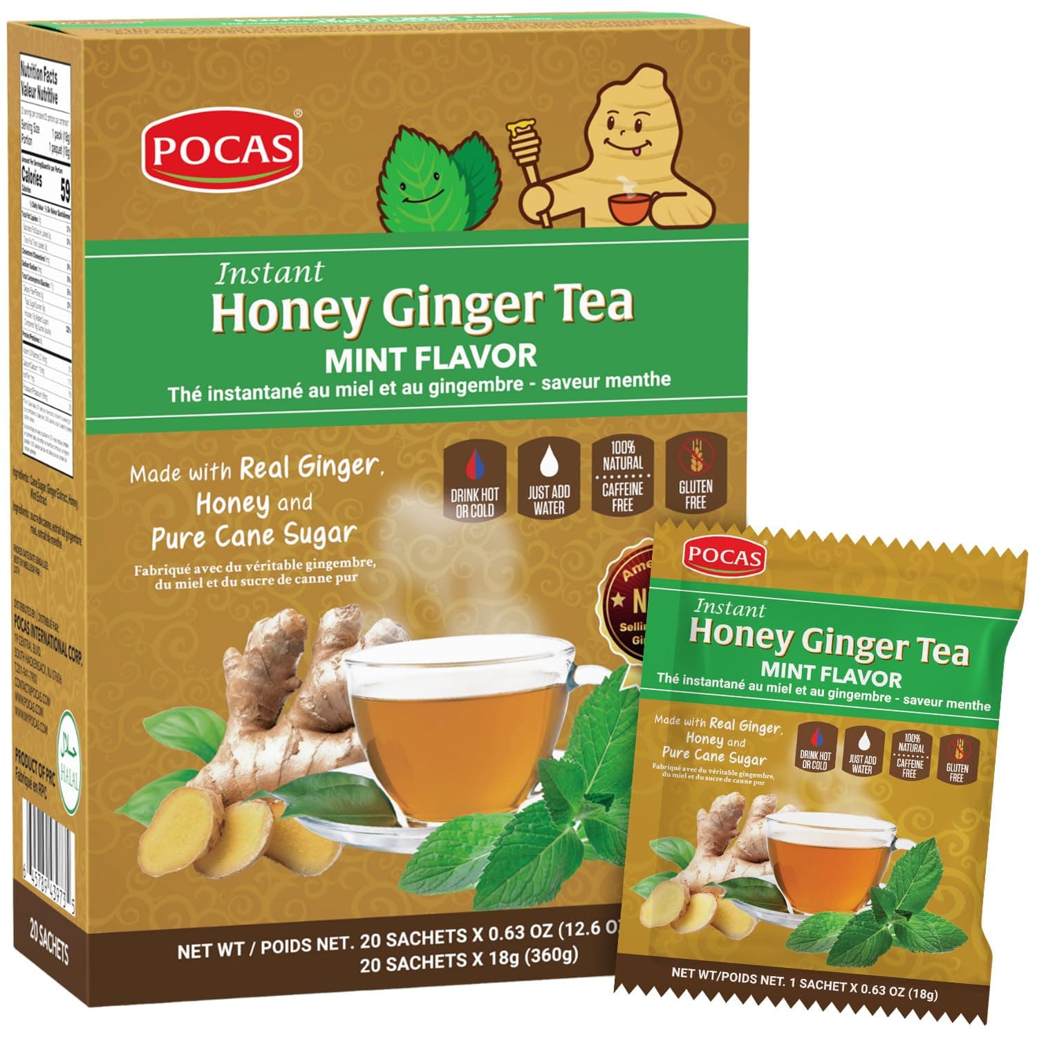 Pocas Honey Ginger Tea - Instant Tea Powder Packets with Mint & Ginger Honey Crystals Tea, Non-GMO/Gluten Free/Caffeine Free Tea, 20 Count