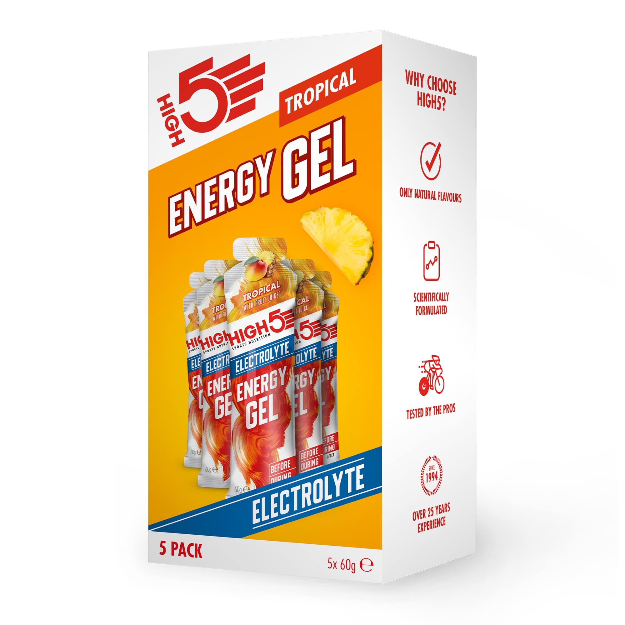 Energy Gels with Electrolytes - Quick Release Sports Gels for Peak Performance - Natural Fruit Juice & Caffeine-Free - Energy Boost for Running, Cycling, Endurance (Tropical, 5 x 60g)