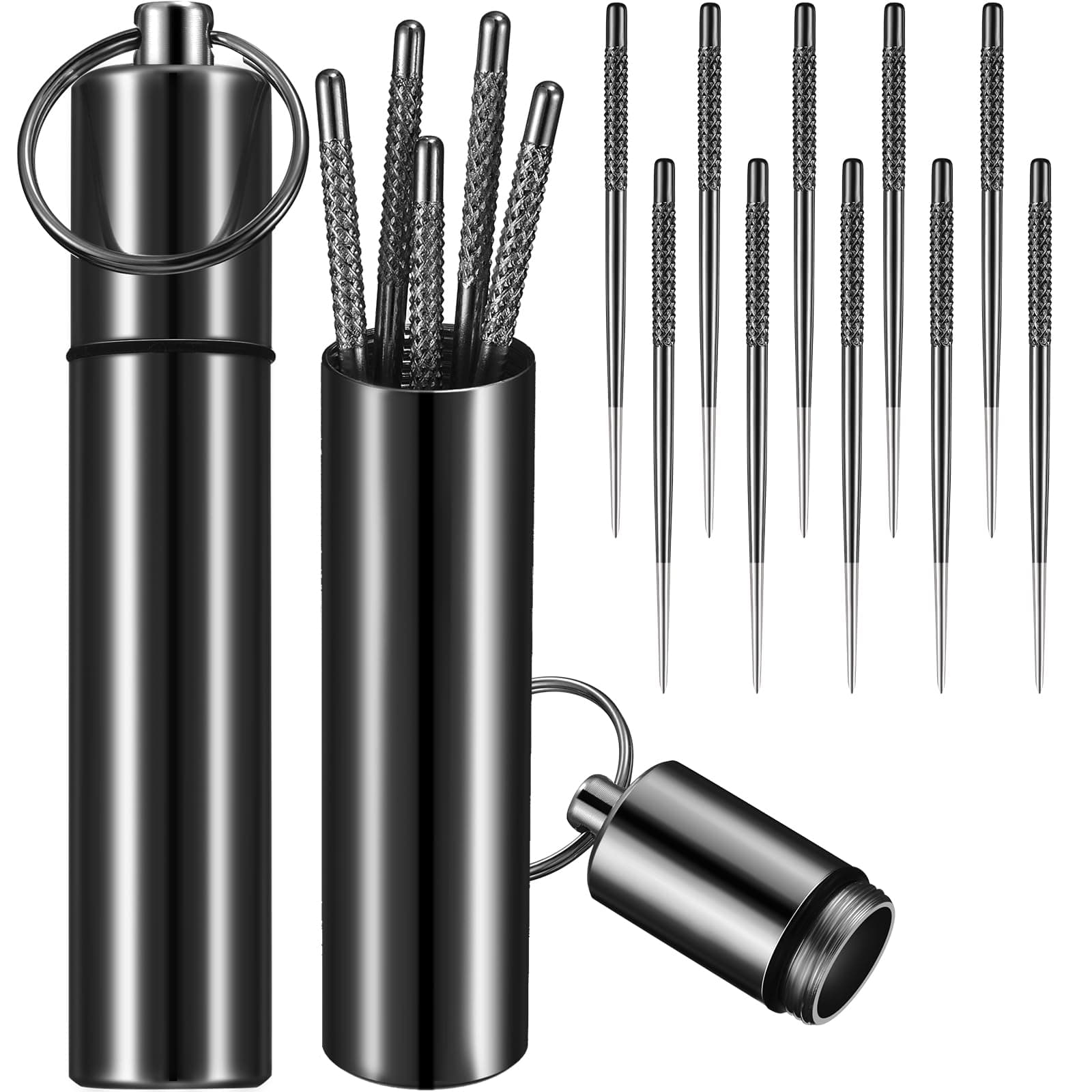 Portable Mini Pocket Titanium Toothpick Holder with 10 Pieces Reusable Titanium Toothpicks Waterproof Toothpick Case Toothpick Fruit Picks for Outdoor Picnic Camping Traveling (Black)