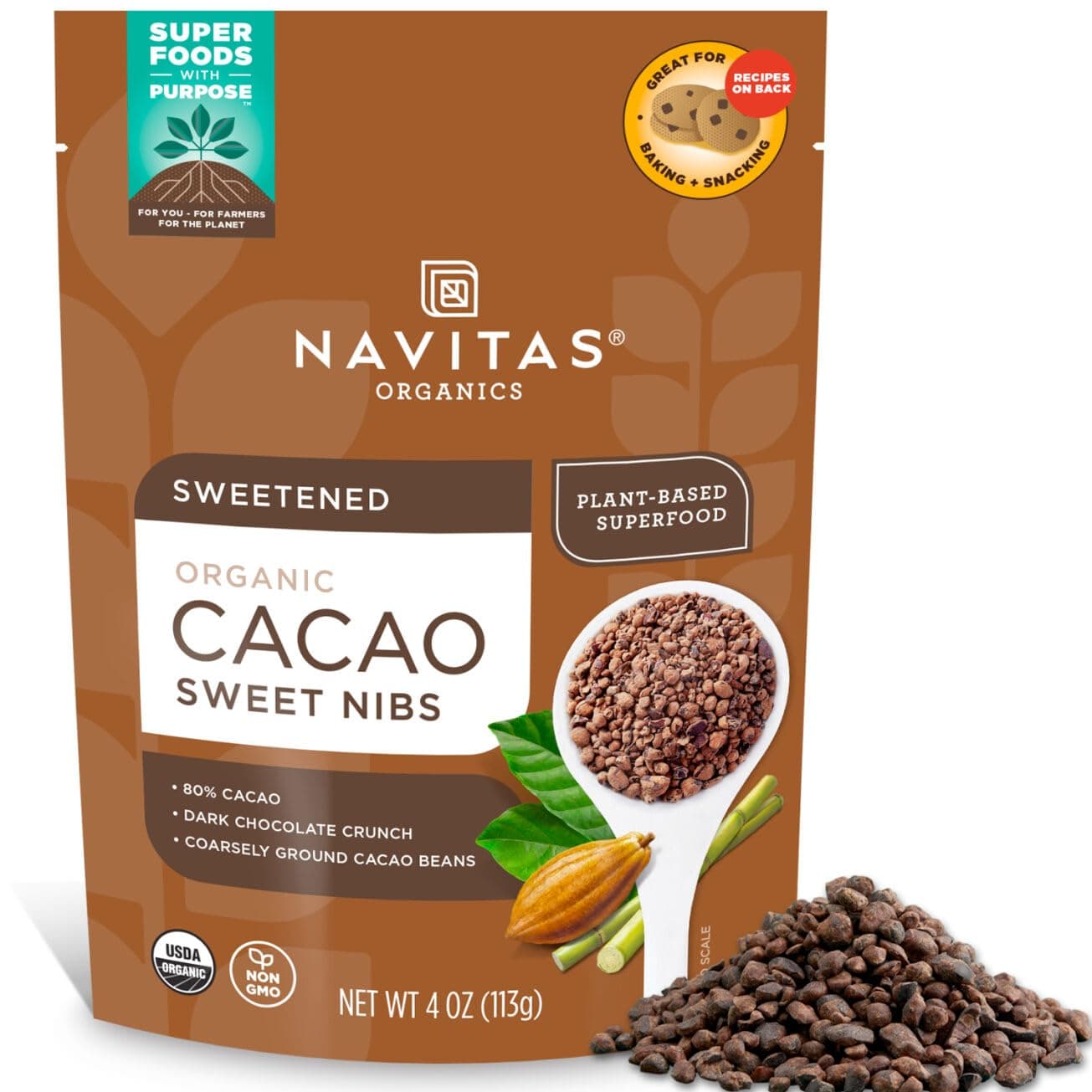 Navitas Organics Cacao Sweet Nibs, 4oz. Bag, 28 Servings — Organic, Non-GMO, Gluten-Free