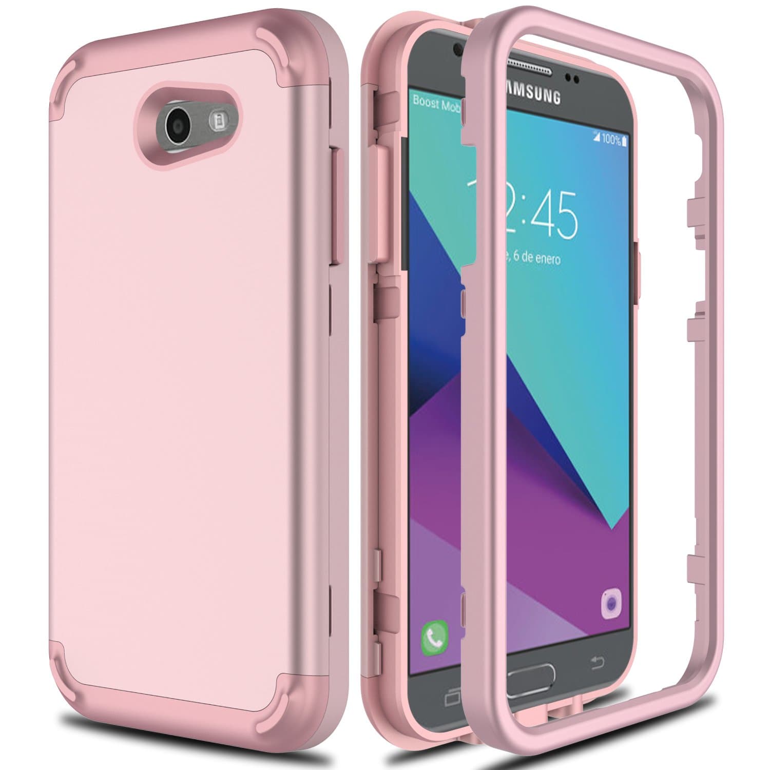 Samsung Galaxy J3 Emerge / J3 Eclipse / J3 Prime / J3 Mission / J3 Luna Pro / J3 2017 / Sol 2 / Amp Prime 2 / Express Prime 2 Case, AMENQ Slim 3 in 1 Soft TPU Silicone Armor Cover [Matte Rose Gold]