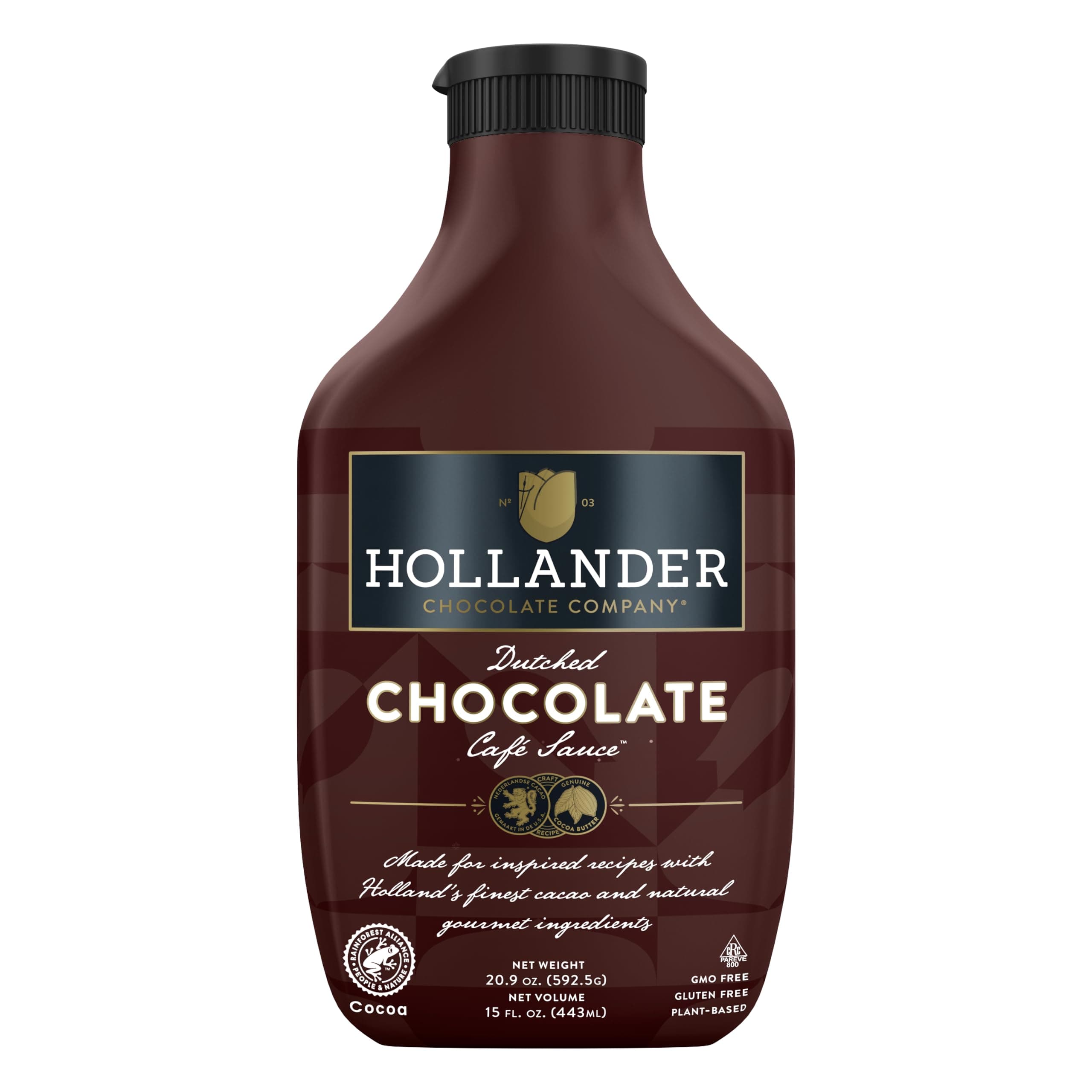 Dutched Chocolate Coffee Sauce by Hollander Chocolate Co. Gourmet Chocolate Sauce Perfect for the Professional or Home Barista 14 Ounces. Squeeze Bottle with Flip-Cap