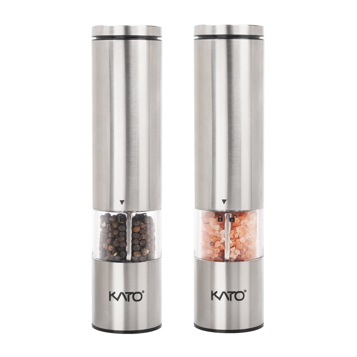 Kato Electric Salt and Pepper Grinder Set with LED Light, Battery Powered, Adjustable Ceramic Coarseness, Stainless Steel Pepper Mill, Pack of 2