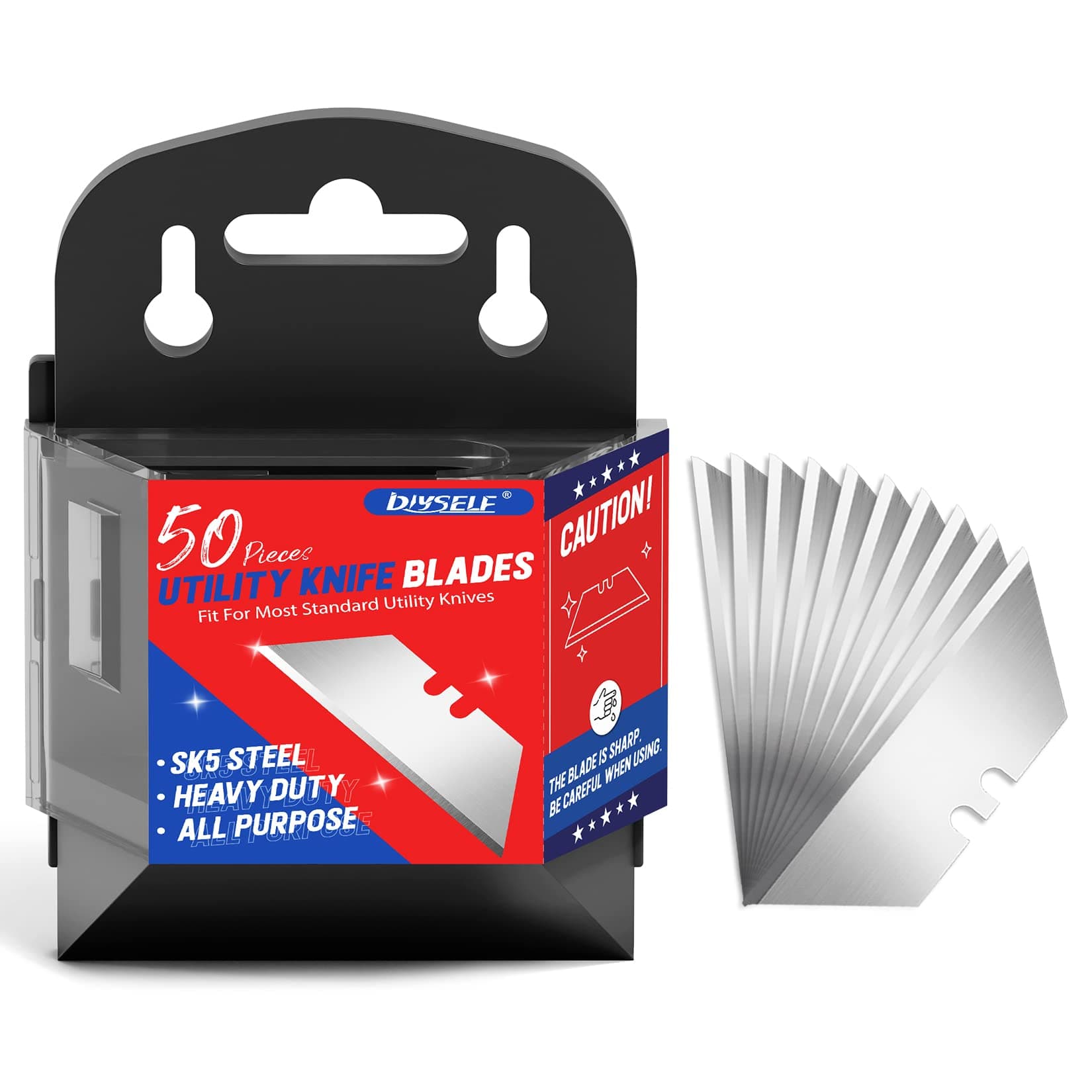 DIYSELF 50 Pack Utility Knife Blades, SK5 Steel Box Cutter Blades with Dispenser, Standard Blades for Box Cutter Utility Knife Replacement, Sharper Utility Blade, Refills