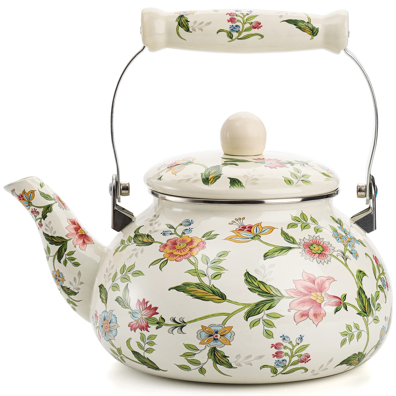 Jucoan 2.6 Quart Vintage Enamel Tea Kettle, Green Floral Enamel on Steel Teapot with Cool Touch Porcelain Handle for Stovetop Home Kitchen Decor, Gift for Housewarming Christmas New Year