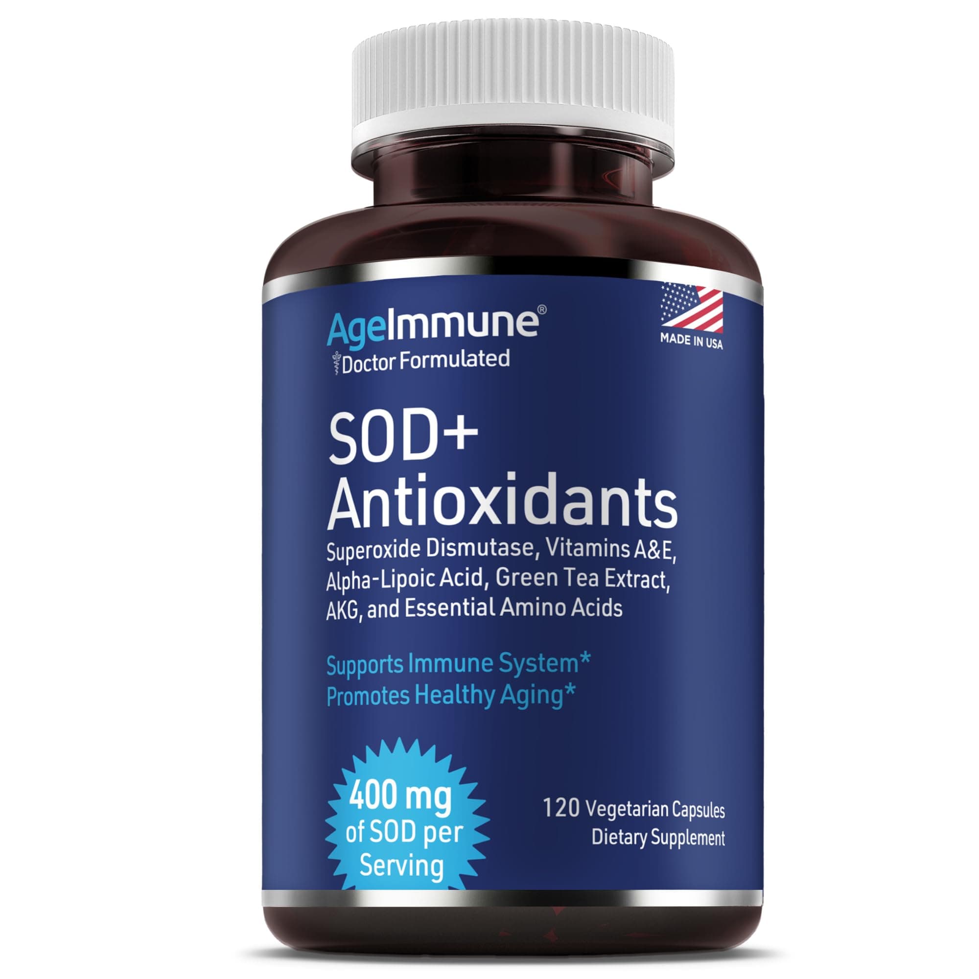 SOD Antioxidants Complex Healthy Aging Supplement - 400mg of Superoxide Dismutase - Alpha Lipoic Acid - Green Tea Extract - L-Arginine - Lysine - AKG - Vitamins A and E for Immune Support-120 Capsules