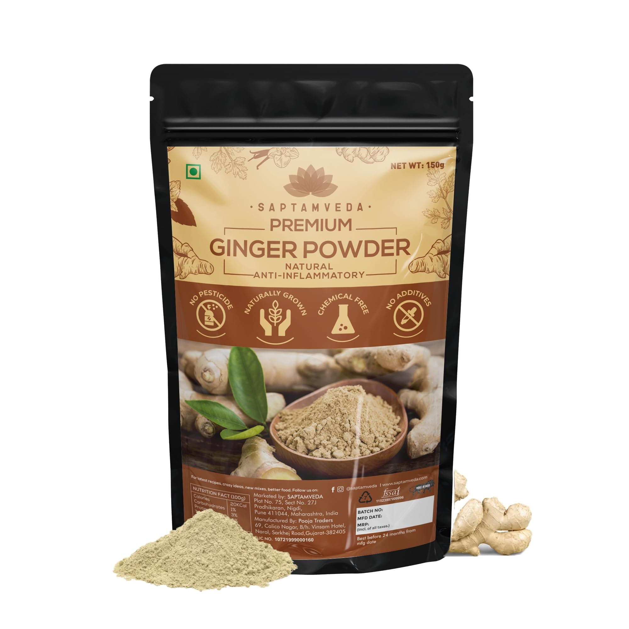 SAPTAMVEDA Premium Ginger Powder 150gm (Pack of 1) for Tea | Dry Ginger Adrak Powder | Organic Taste and Aromatic Flavor for Cooking, Baking & Tea | Dried Sukha Adrak Antioxidant