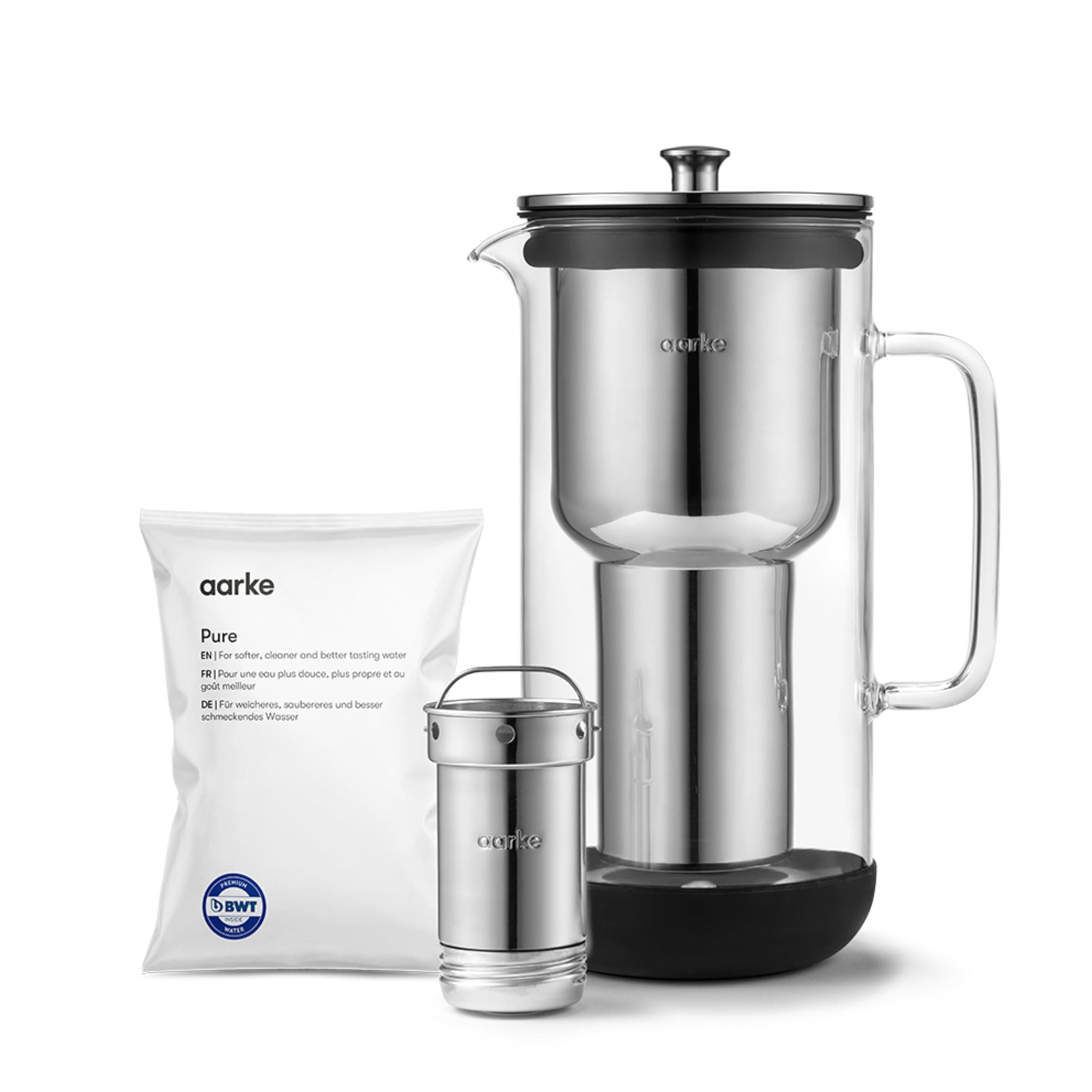 Aarke Purifier, Water Filter Jug in Glass and Stainless Steel, 2.4L / 10 cups, Includes Aarke Pure Filter Refill Bag