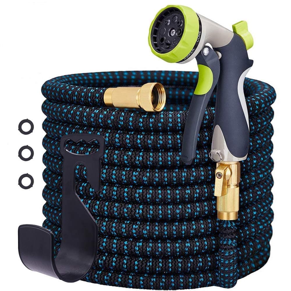 Garden Hose Expandable, Durable Flexible Several Layers Latex Water Hose, Super Wear-Resistant 3750D Fabric Cover with Strong Brass Connector and Water 8 Function Zinc Spray Nozzle(50 Feet)